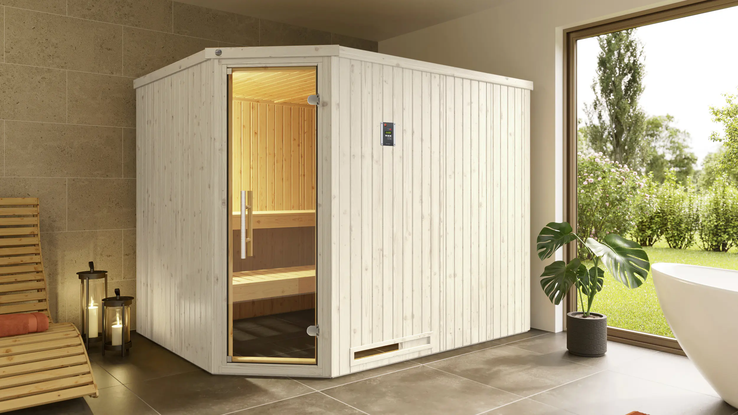 Weka Sauna Varberg 4 mit Glastür 4,65 m² + 7,5 kW Ofen BioS