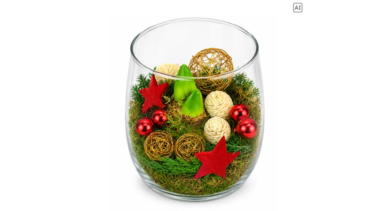 Weihnachtliches Arrangement Glasvase bepflanzt