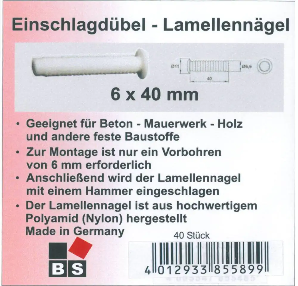 B.S. Bauprogramm Einschlagdübel weiß Ø 6 x 40 mm