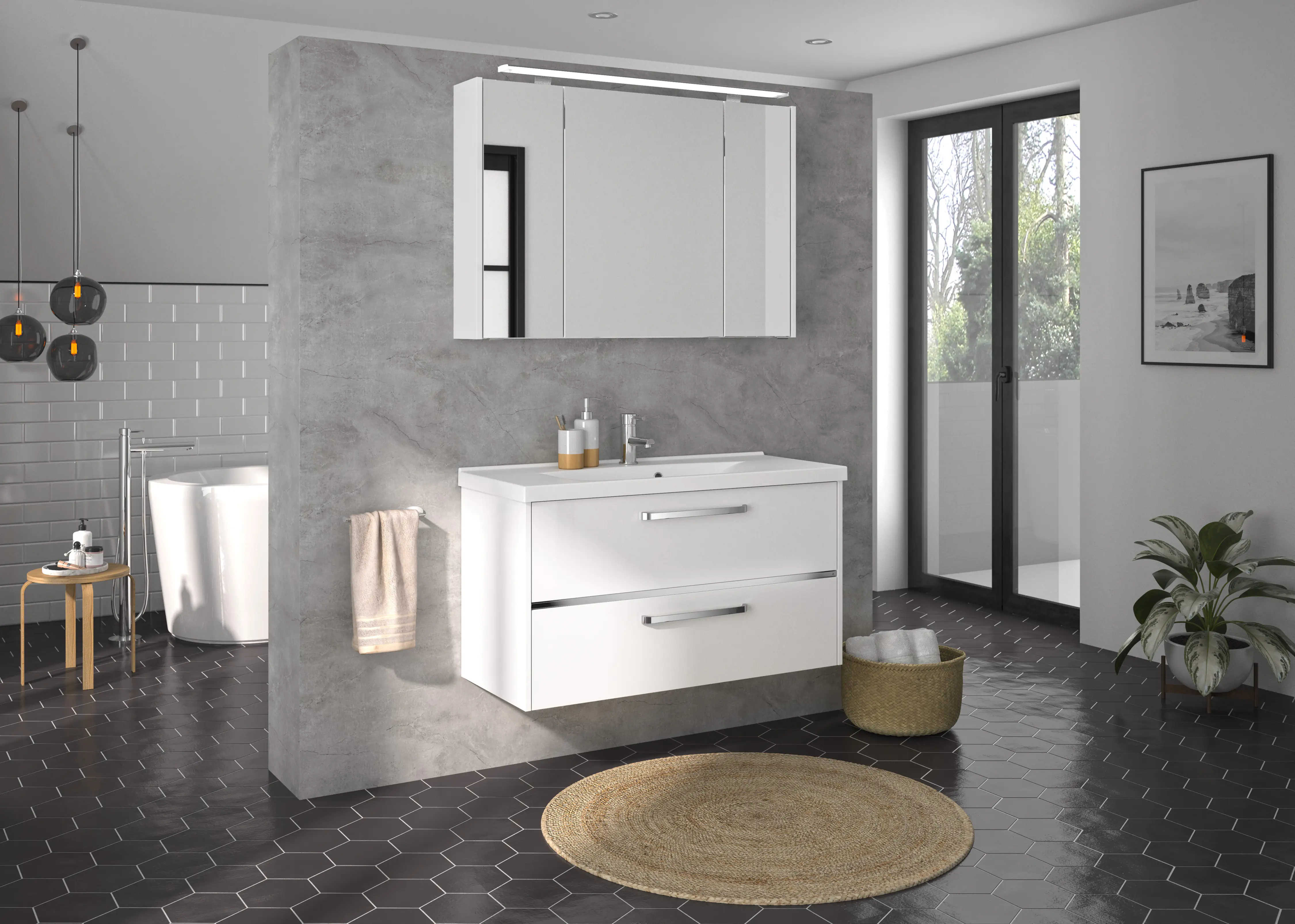 Primaster Badmöbel-Set Berlin weiß 105 cm LED-Leuchten, Mineralgusswaschtisch