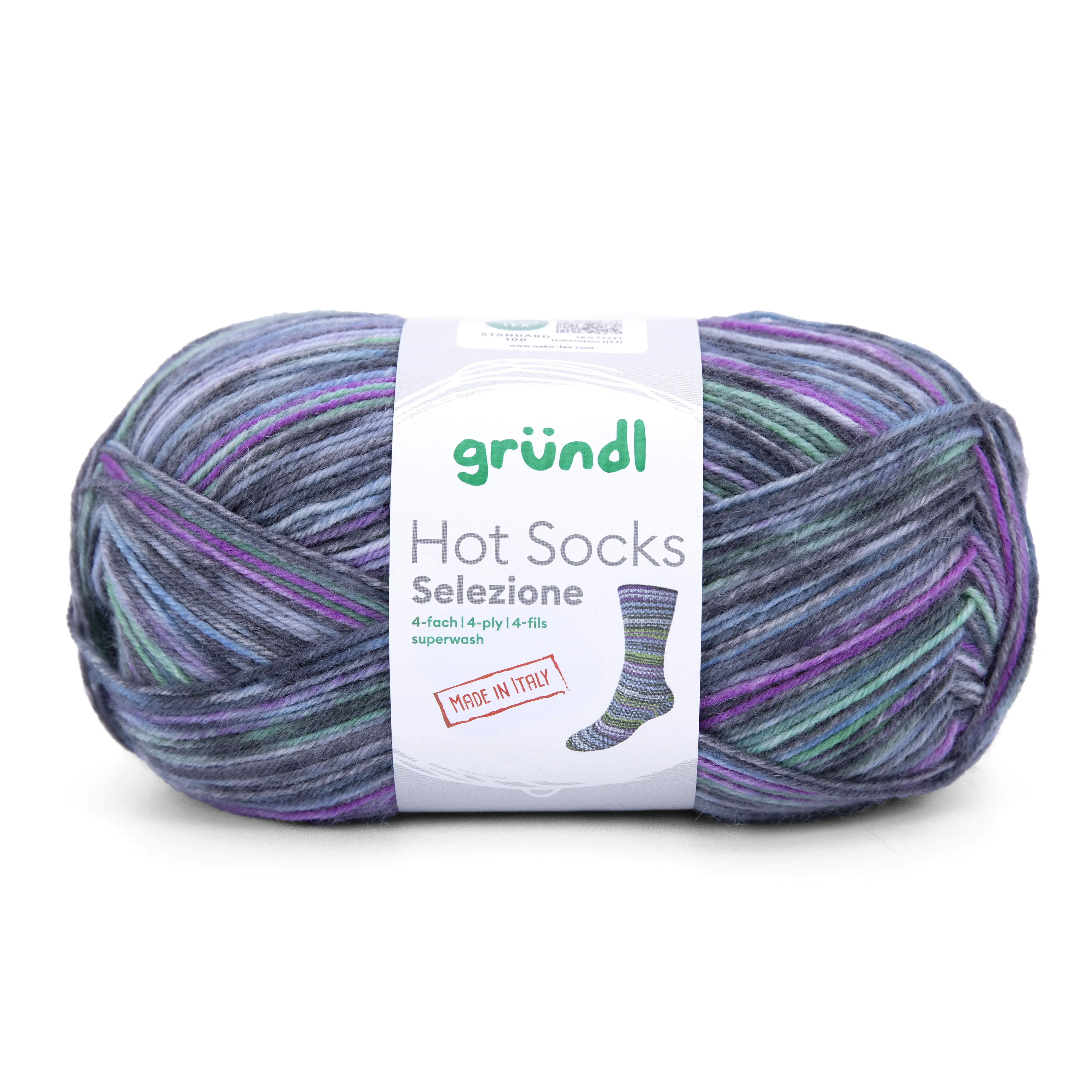 Gründl Sockenwolle Hot Socks 100 g 4-fach, grau-lila-kleegrün-babyblau