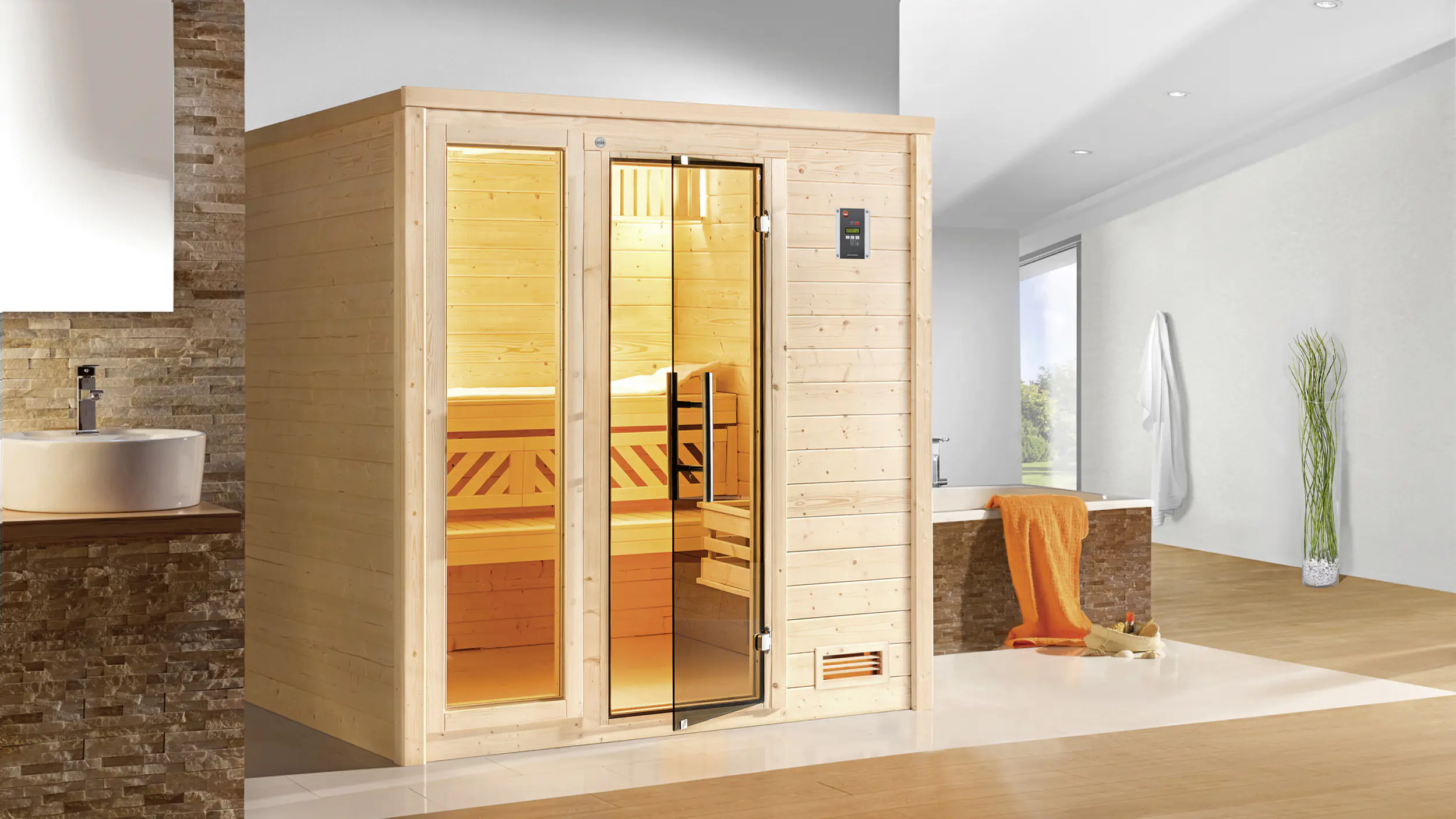 Weka Massivholzsauna Bergen 1.8 mit Glastür und Fenster Weka Massivholzsauna Bergen 1.8 mit Glastür und Fenster
