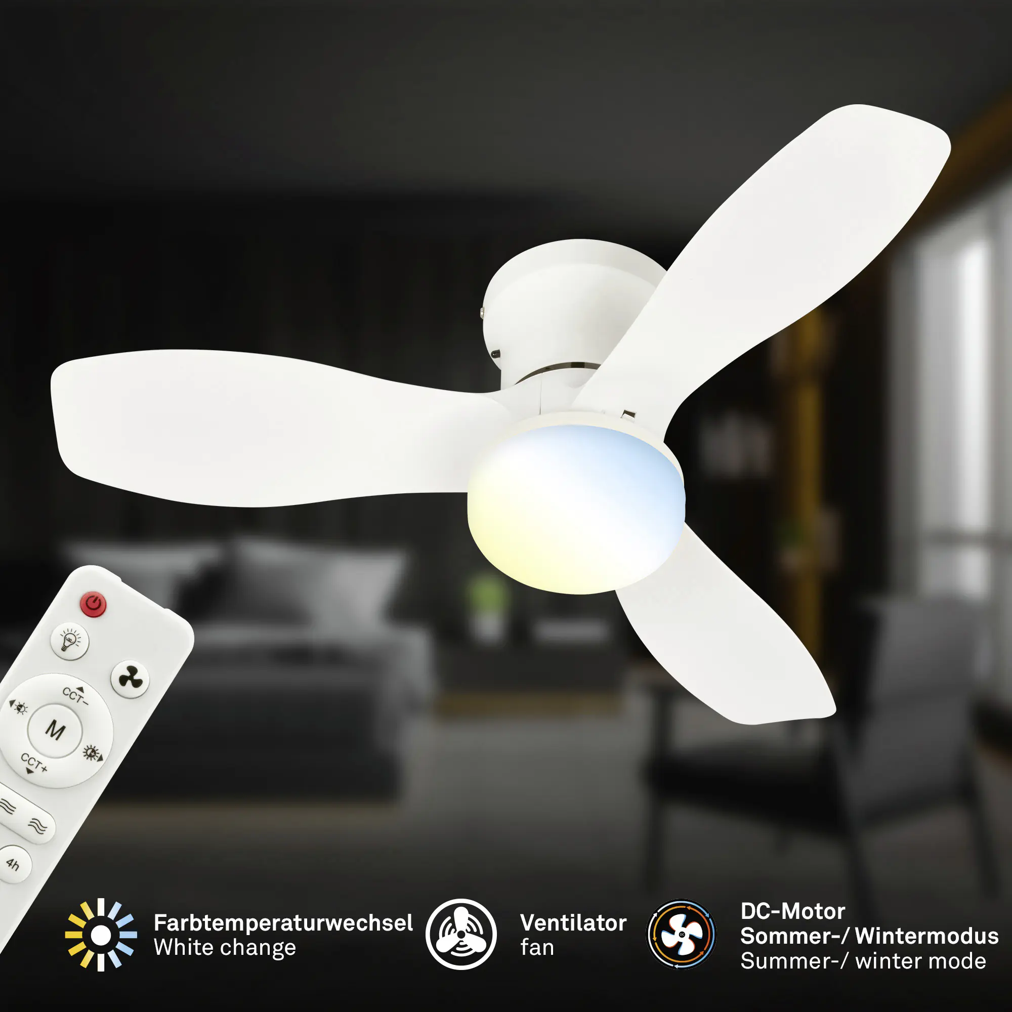 Briloner LED Deckenventilator Pan Ø 60 cm 3 Stufen weiß CCT dimmbar
