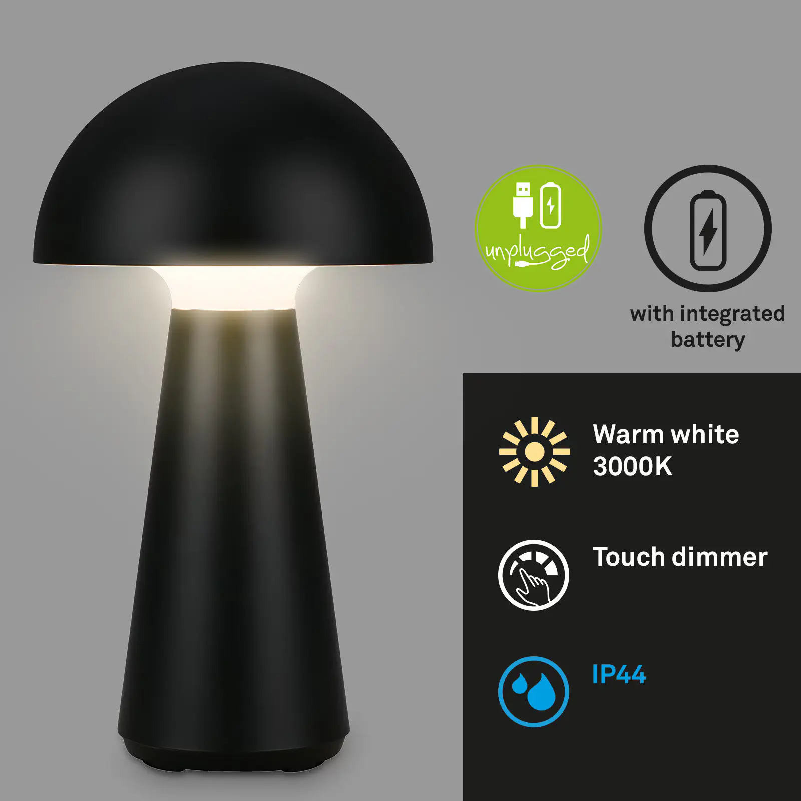 Briloner LED Akku-Tischleuchte Fungo schwarz 28 x 16 cm warmweiß Briloner LED Akku-Tischleuchte Fungo schwarz 28 x 16 cm warmweiß