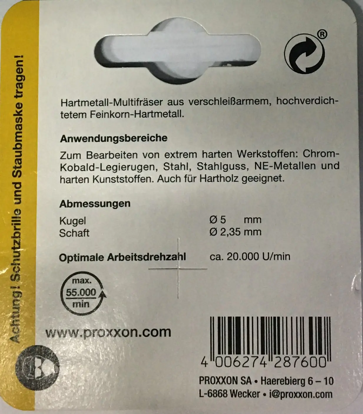 Proxxon Micromot Hartmetall-Kugelfräser Fräskopf 5,0 mm