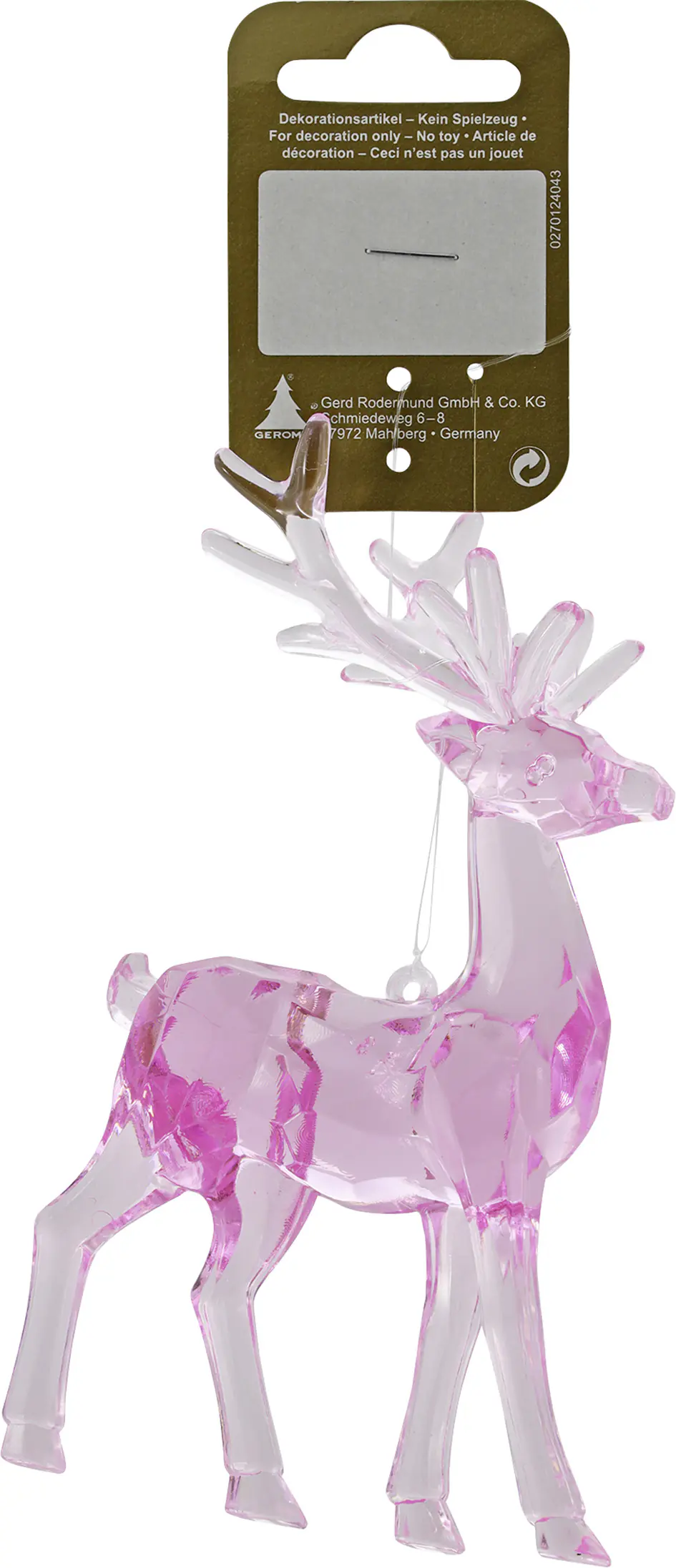 Weihnachtsanhänger Hirsch aus Acryl 14 cm transparent rosa 1 Stück