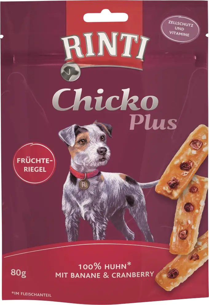 4000158914286 RINTI Chicko Plus Früchteriegel mit Huhn 80 g