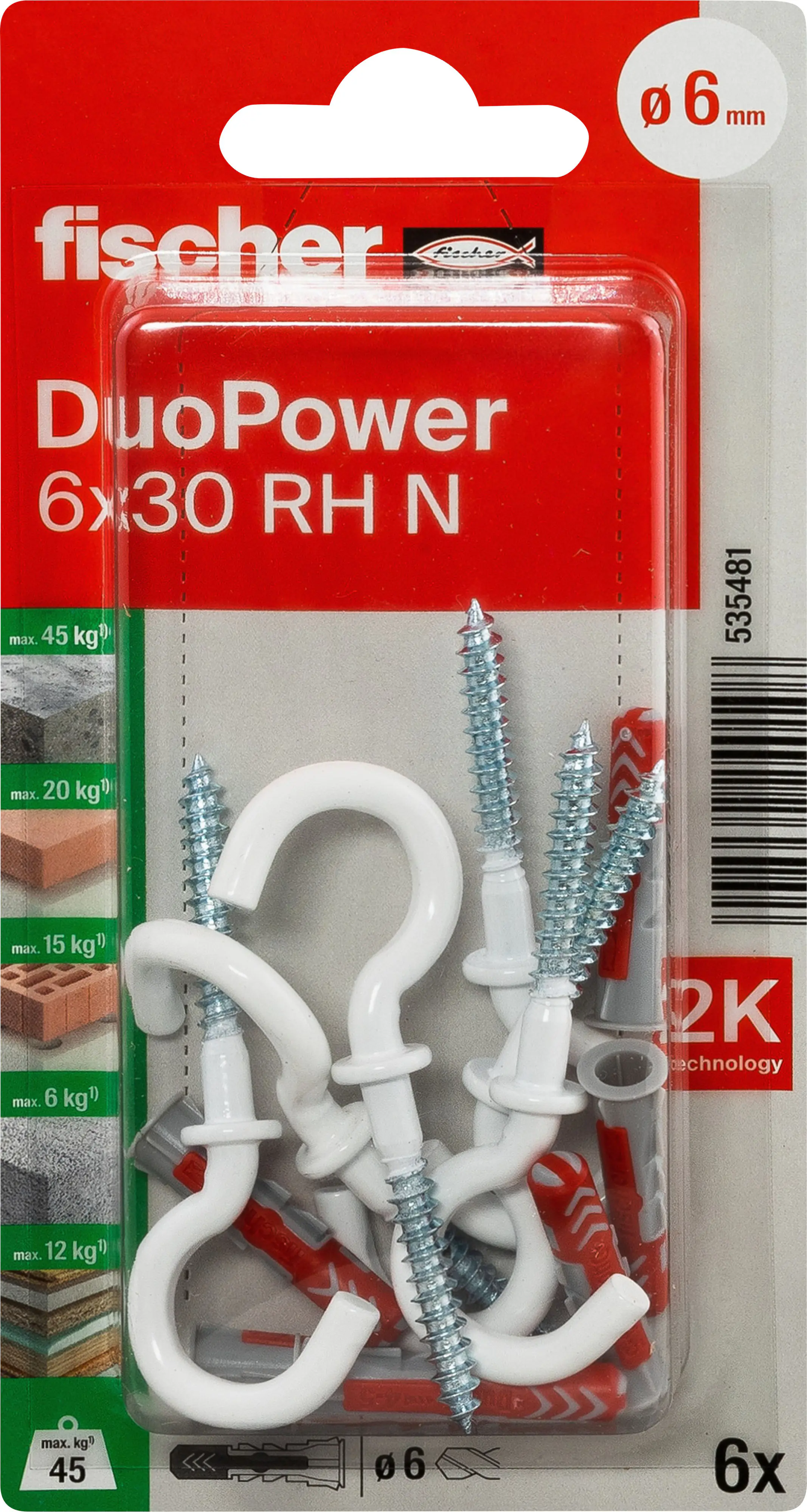 Fischer Dübel-Set DuoPower RH 6 x 30 mm mit Rundhaken - 6 Stück