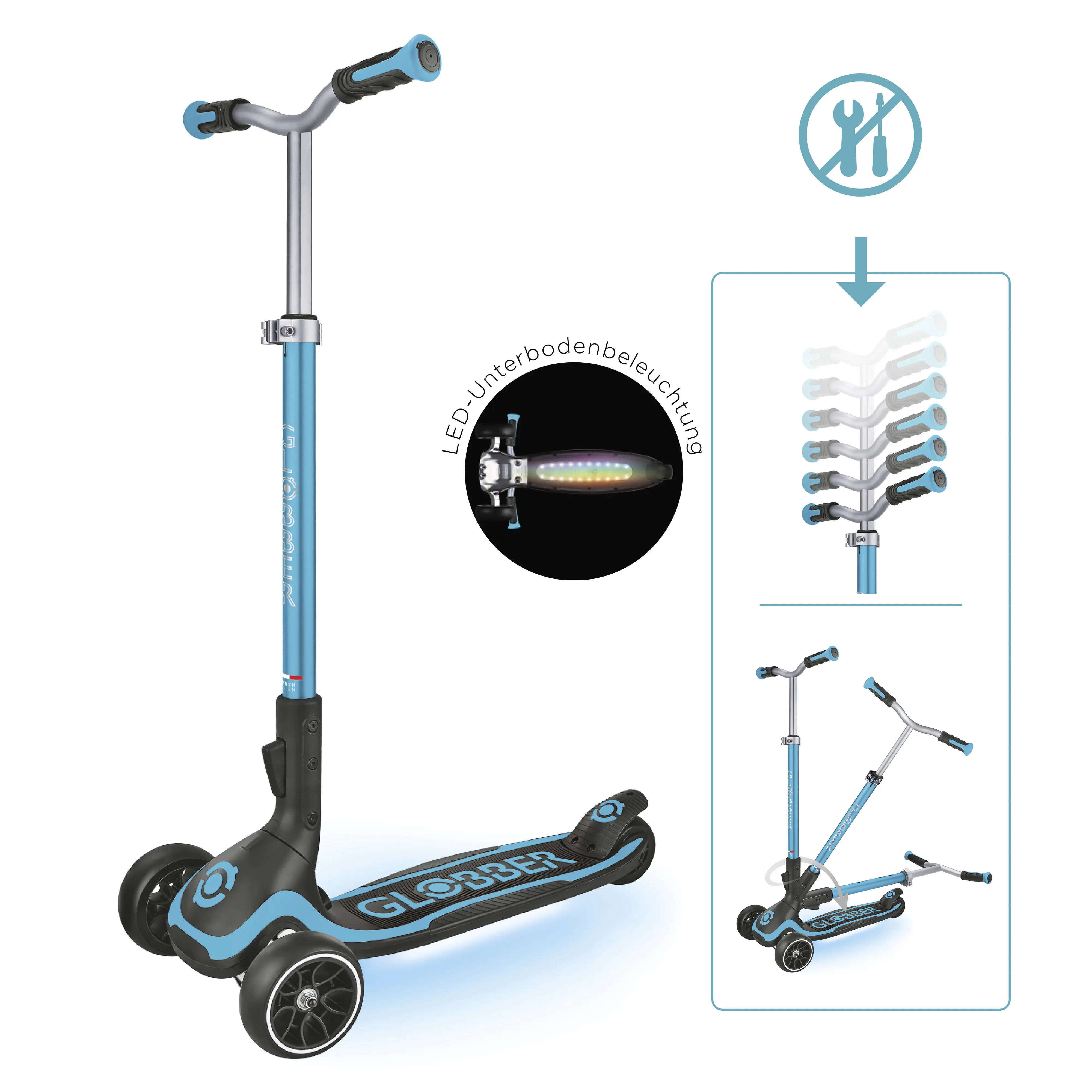 Globber Scooter für Kinder mit Leuchtrollen Ultimum Lights blau
