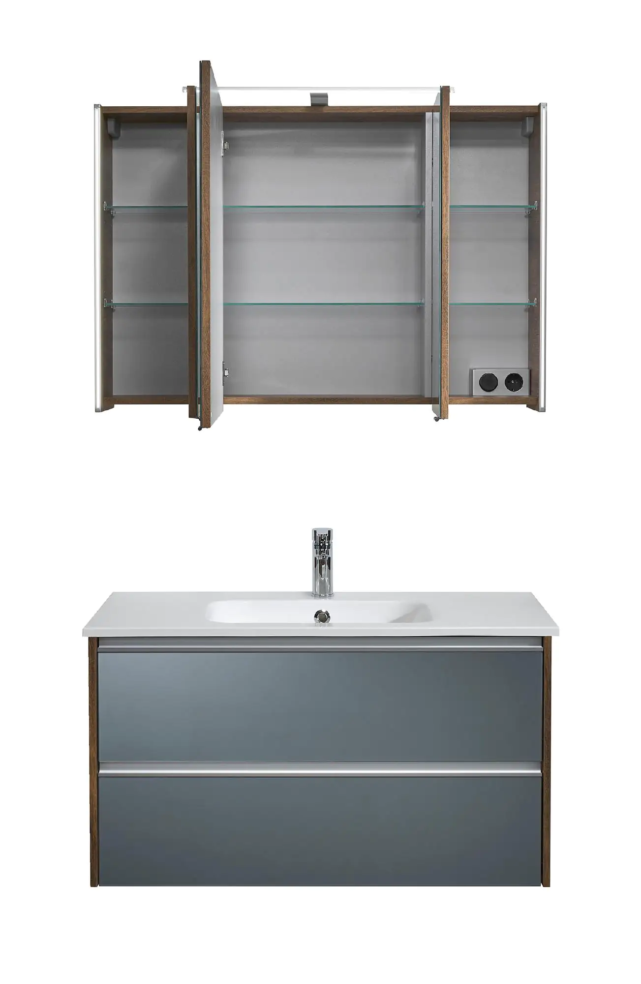 Pelipal Badmöbel-Set 6040 Stahlgrau/Eiche Ribbeck mit Mineralmarmor-Waschtisch + LED-Leuchte 103 cm