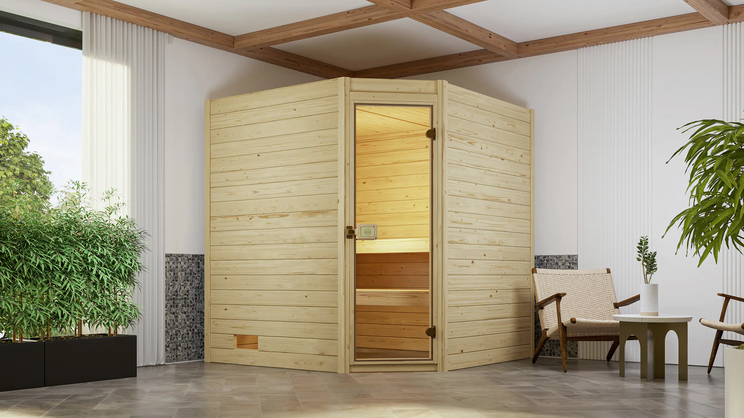 Weka Massivholz-Sauna Valida Eck 1 .8 GT mit Sicherheitsglastür