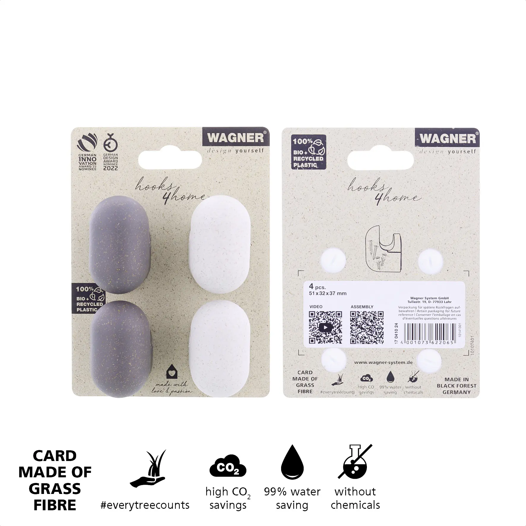 Wagner Wandhaken-Set hooks4home Pill Tragkraft bis 2 kg Bio Kunststoff anthrazit beige 4 Stück