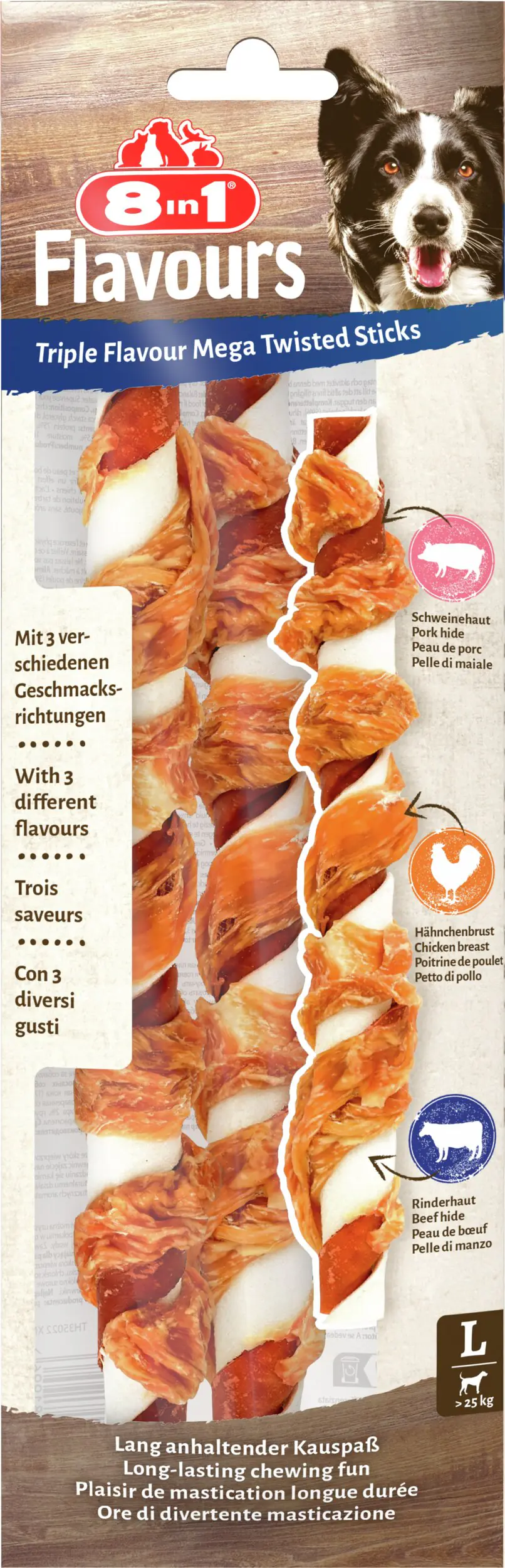8in1 Hundeleckerli Triple Flavour Mega Twisted Sticks 140 g 