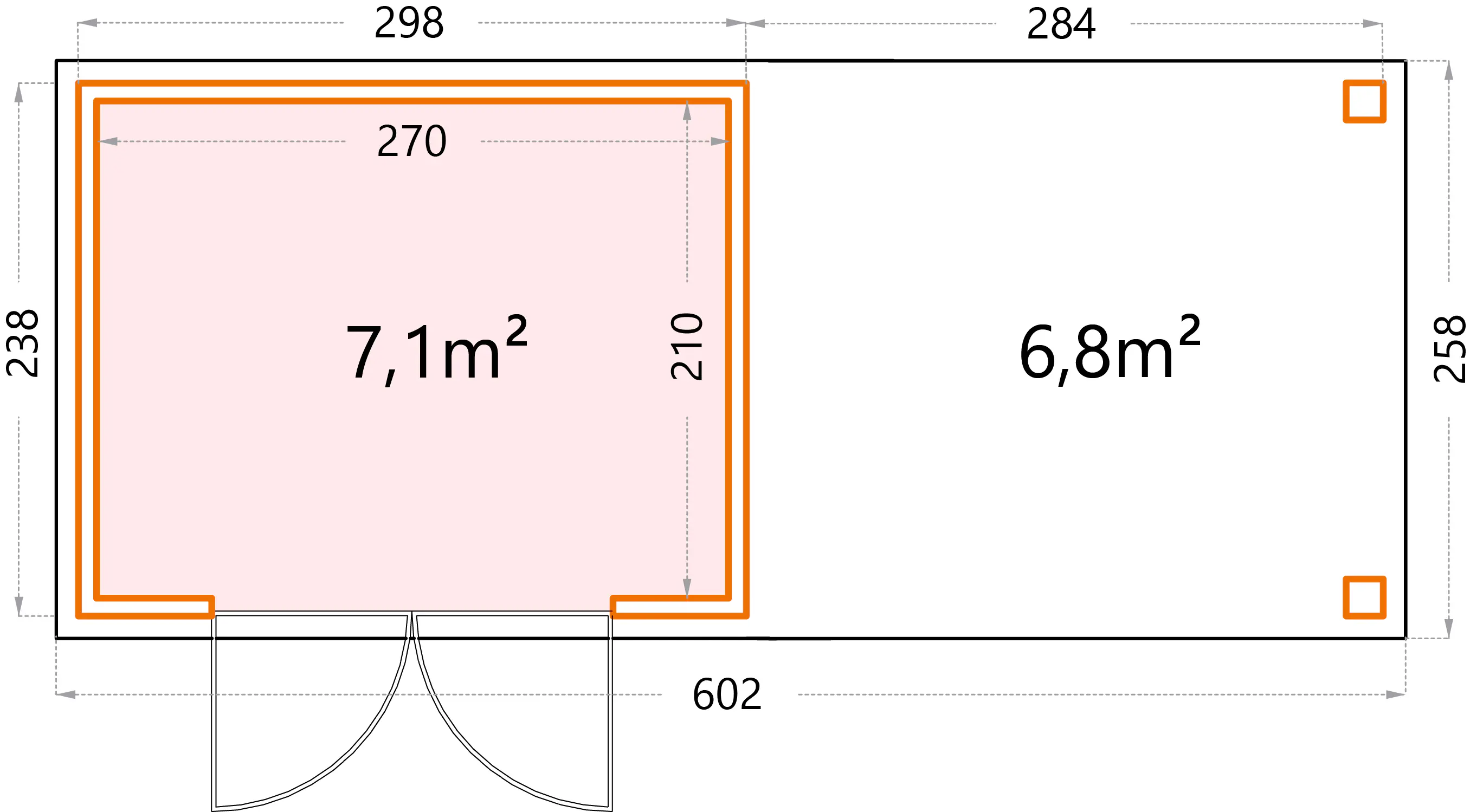 Telluria Gerätehaus Classico Open Lounge L 3024 rechts lichtgrau 582 x 238 cm