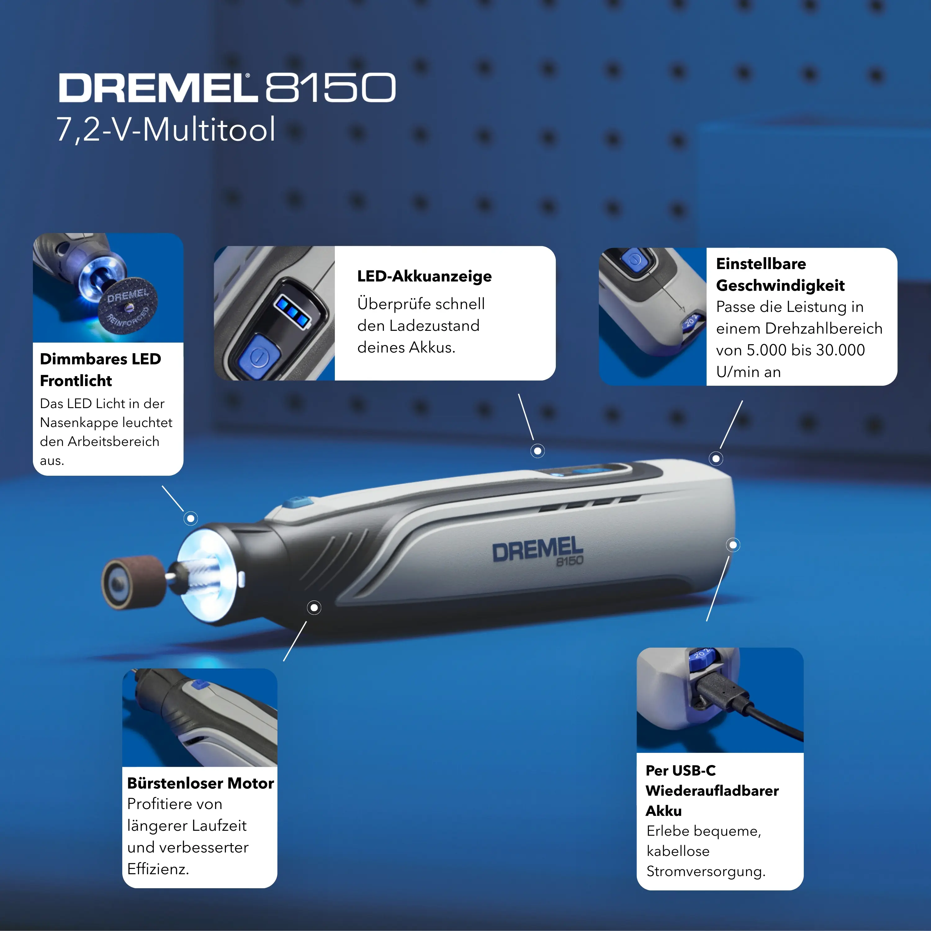 Dremel Akku-Multifunktionswerkzeug 8150-20 inkl. 20 Zubehörteilen und USB-C-Ladekabel
