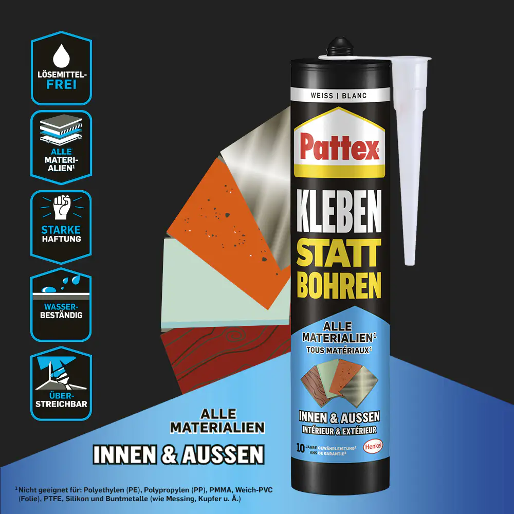 Pattex Montagekleber Kleben statt Bohren Innen & Außen 450 g Kartusche, weiß