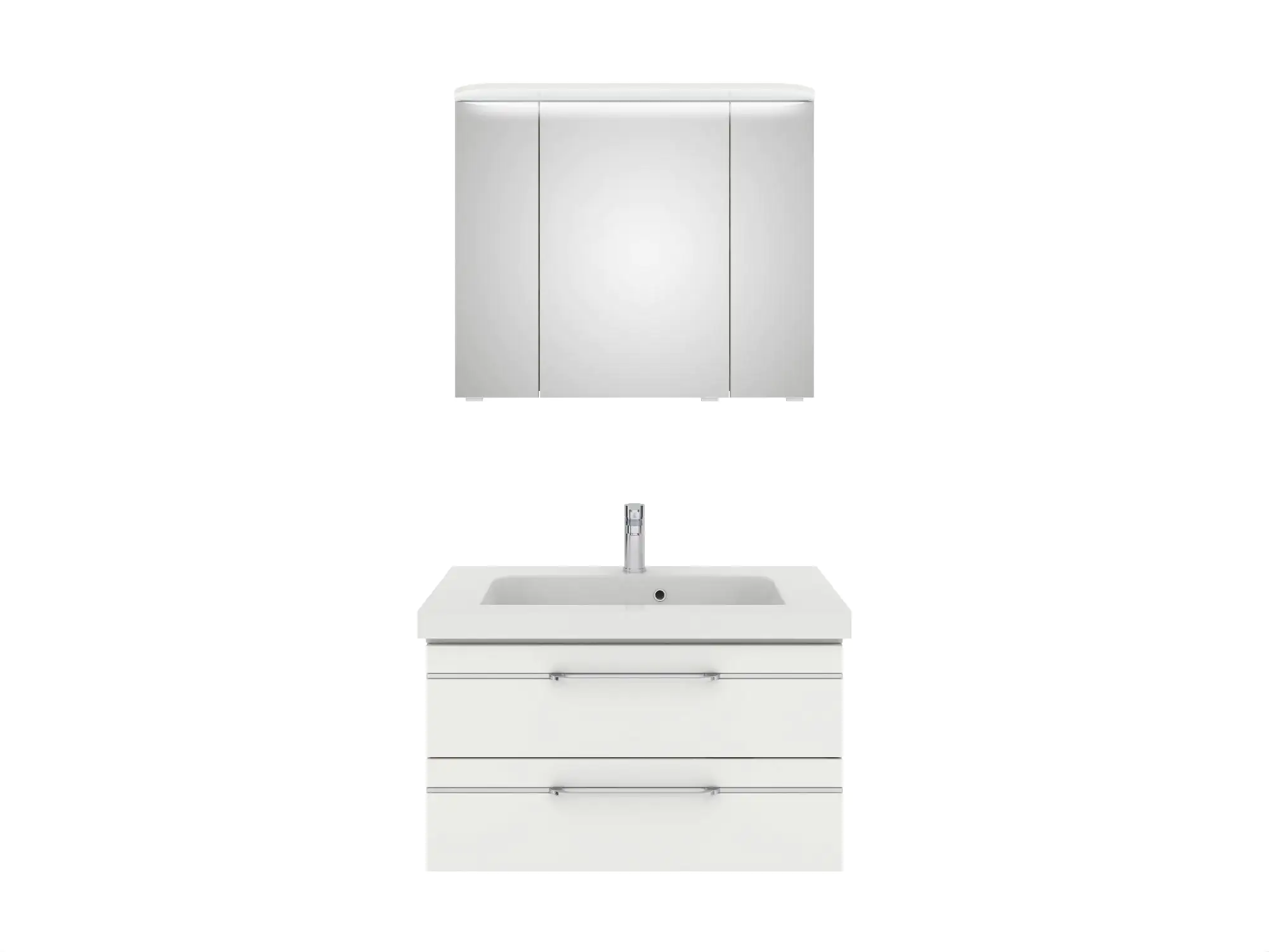 Pelipal Badmöbel-Set Balto Weiß Hgl/Weiß Glanz mit Leuchtfuge und Kranz-Leuchte 92 cm