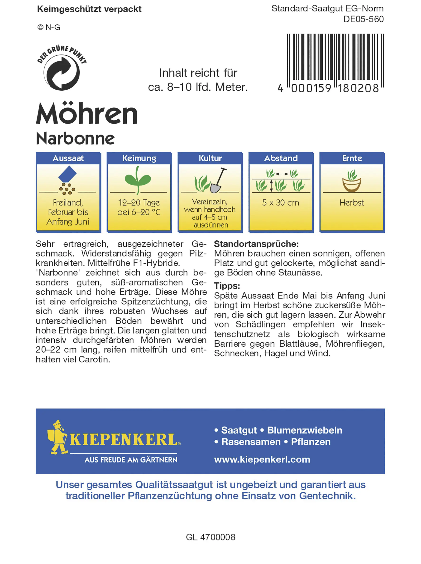 Kiepenkerl Möhre Narbonne F1 Inhalt reicht für ca. 8-10 lfd. Meter