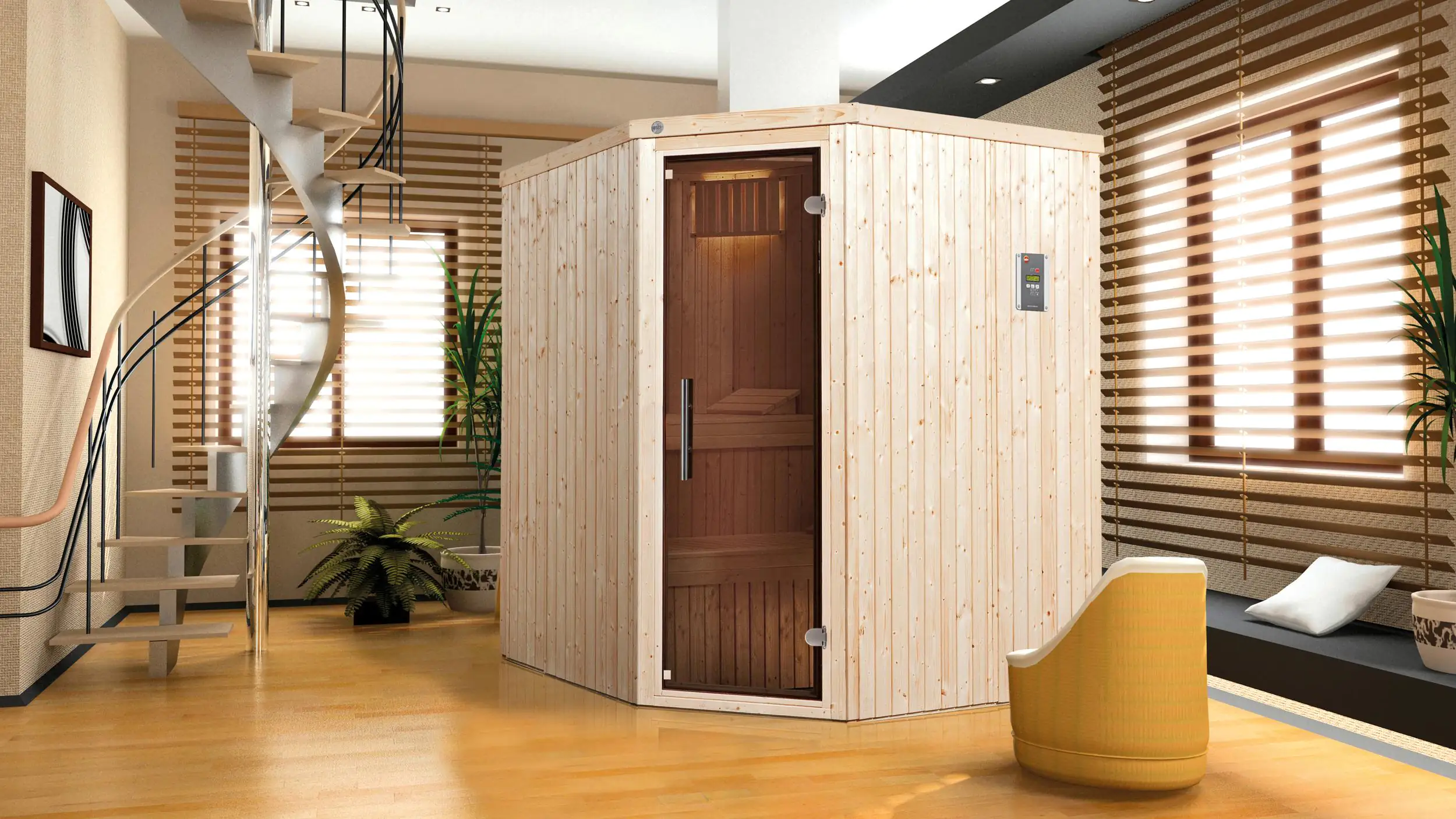 Weka Element-Sauna Kiruna 2 mit Glastür und BioS Saunaofen Weka Element-Sauna Kiruna 2 mit Glastür und BioS Saunaofen