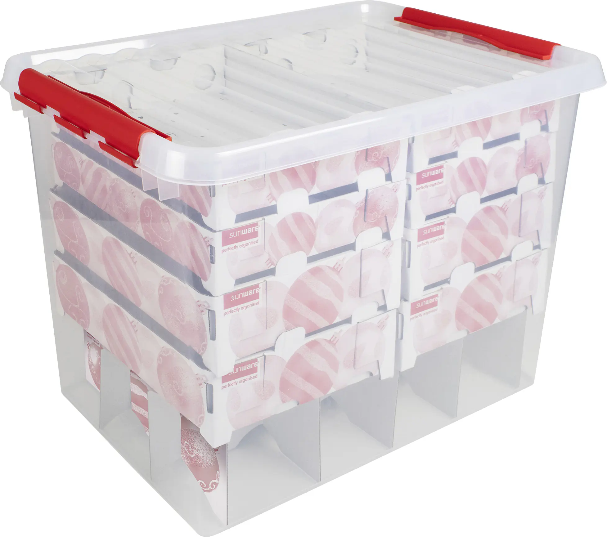 Sunware Weihnachtsbox Q-line 72L mit Einsatz für 128 Kugeln transparent rot