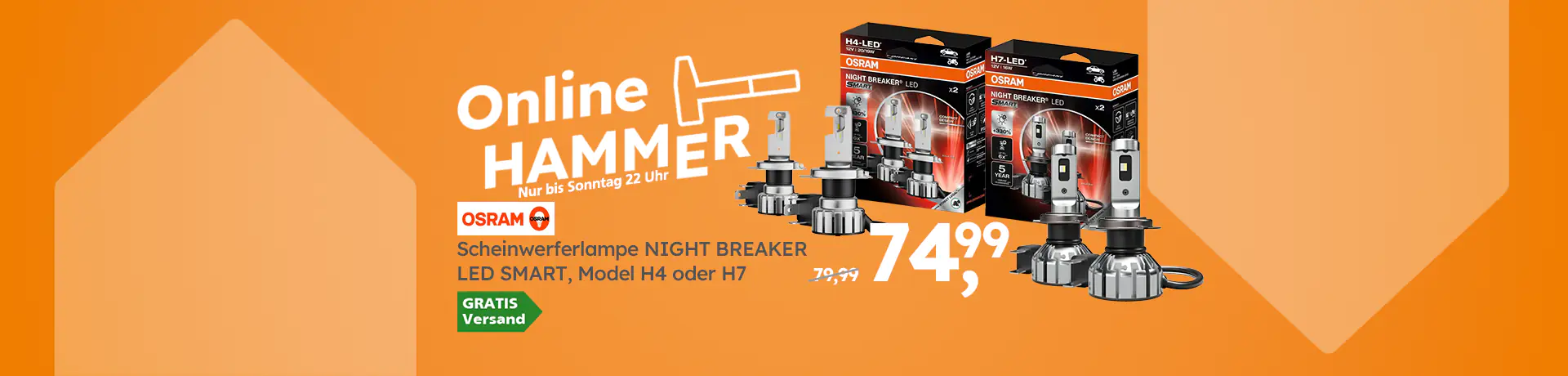 Online Hammer: OSRAM Scheinwerferlampe NIGHT BREAKER LED SMART, H4 oder H7, 74,99 € statt UVP 79,99 €, versandkostenfrei bis Sonntag 22 Uhr.