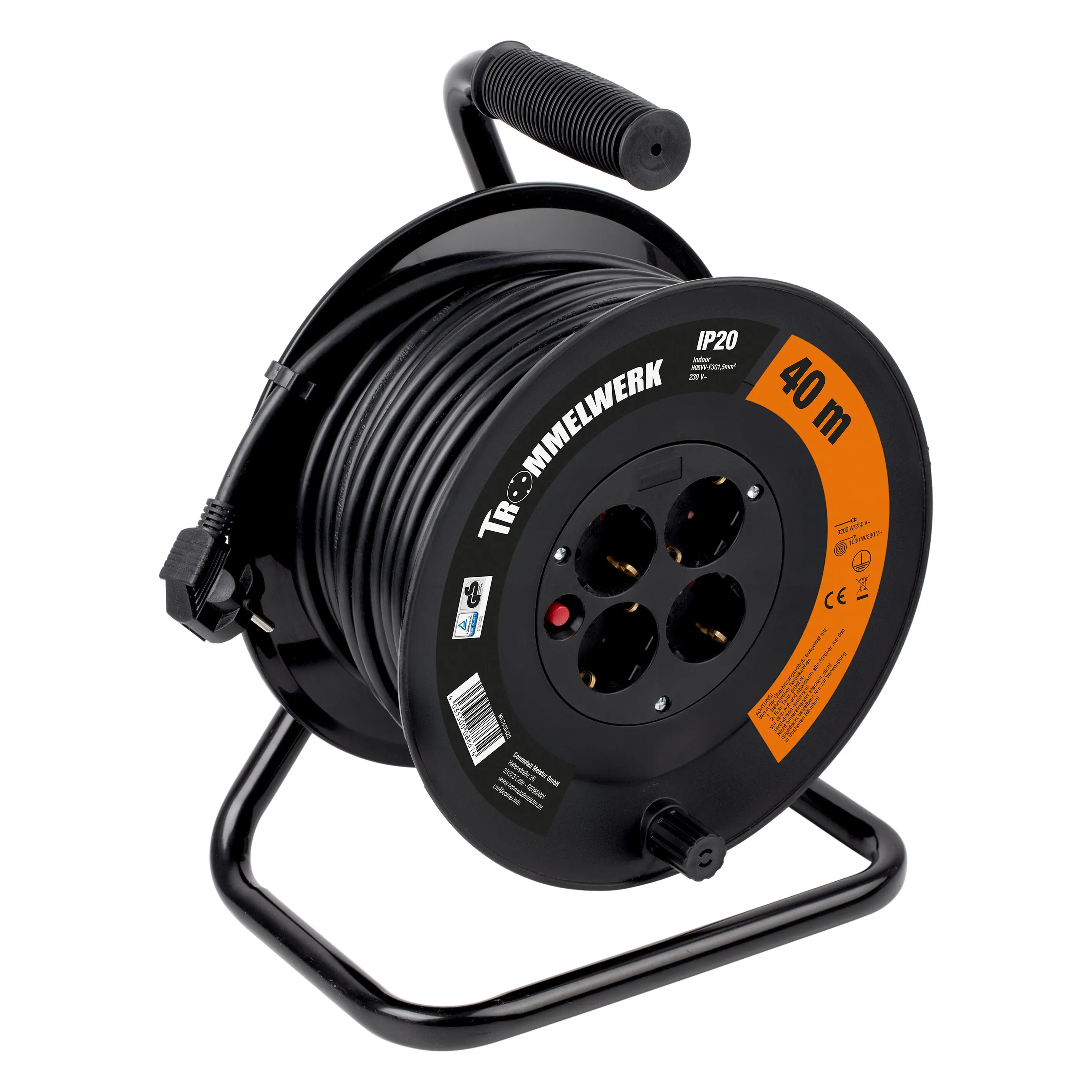 Trommelwerk Kabeltrommel Innen 40m H05VV-F3G1,5m schwarz 4x Schutzkontaktstecker