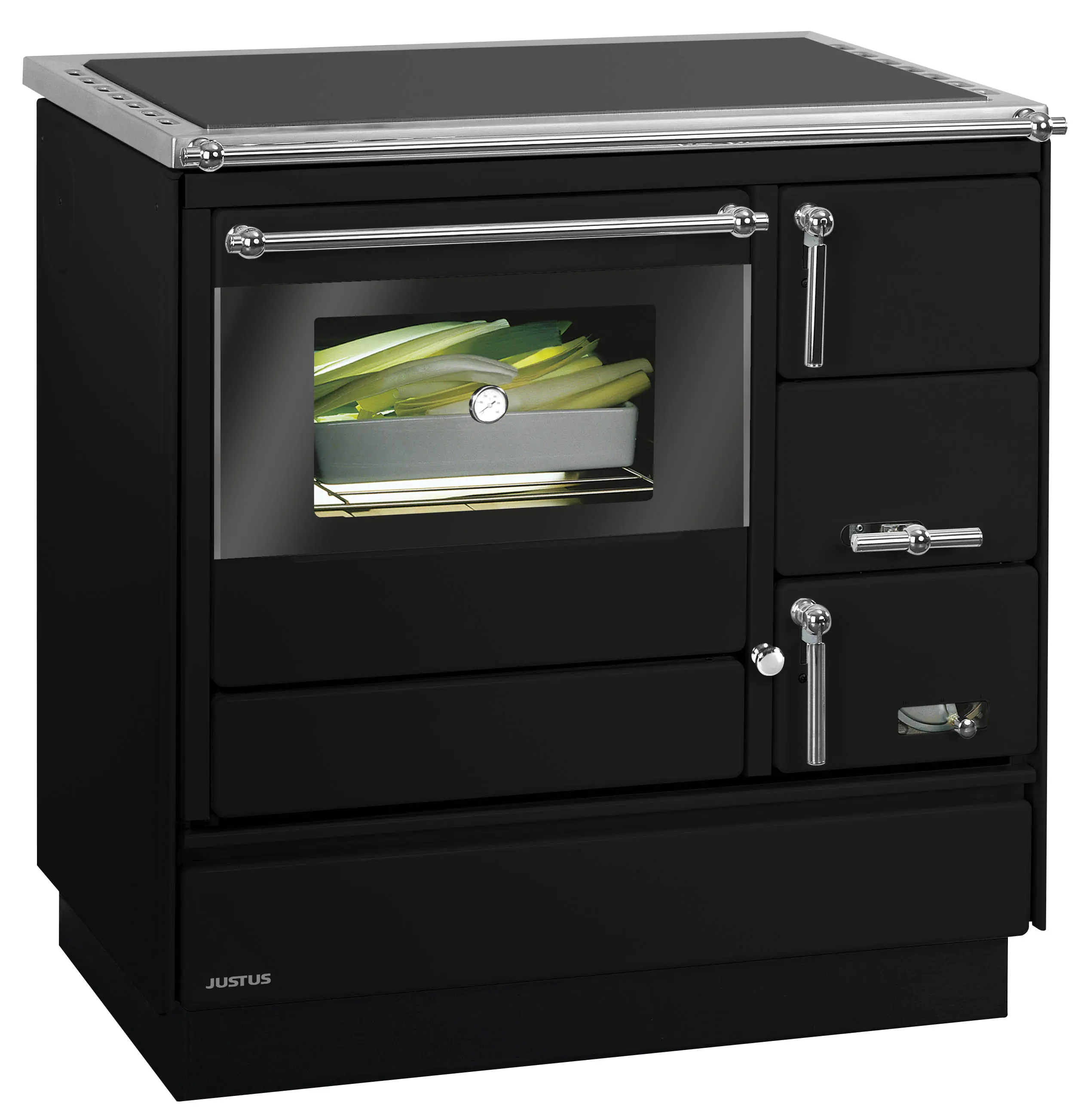 Justus Festbrennstoffherd Linz Backfach links Stahl 7 kW schwarz