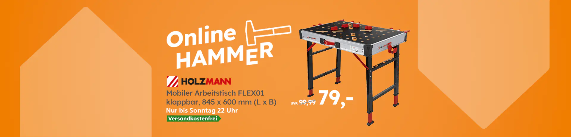 „Online HAMMER“: HOLZMANN mobiler Arbeitstisch FLEX01, klappbar, 845 × 600 mm, für 79 €, versandkostenfrei bis Sonntag 22 Uhr.