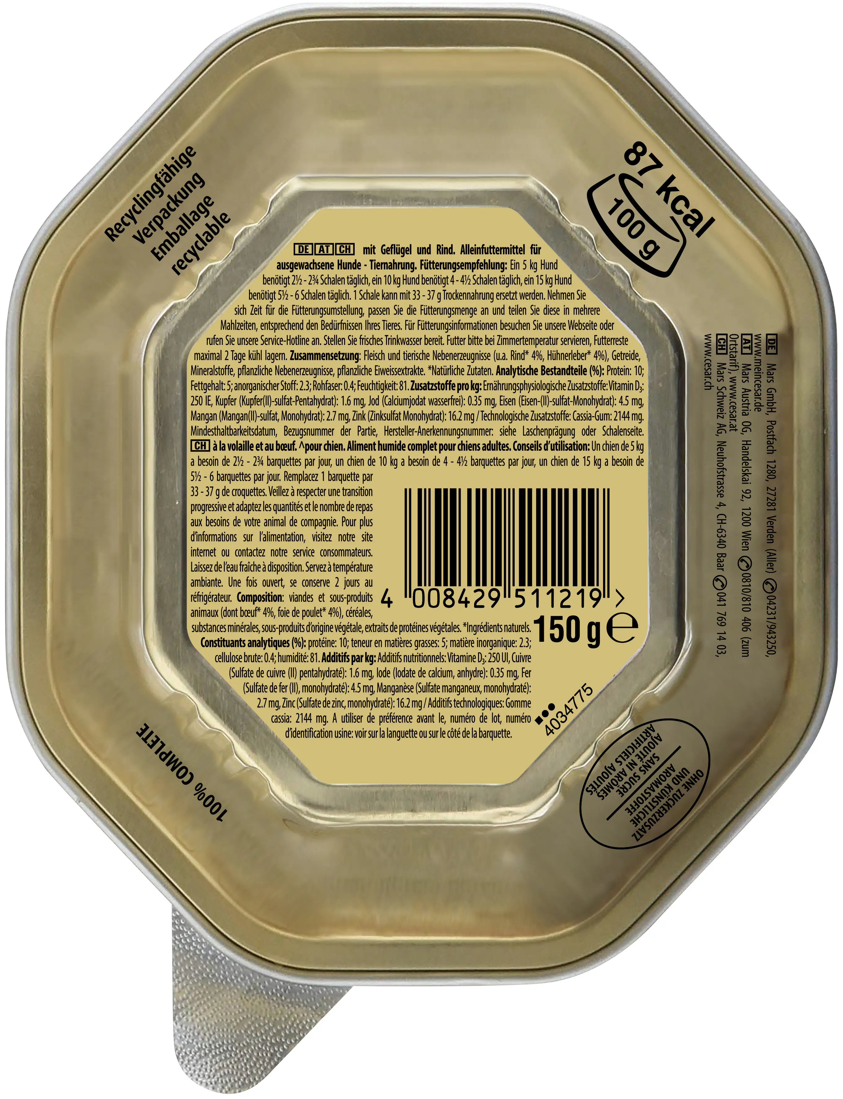 Cesar Hundenassfutter Klassik-Terrine Adult 150 g Geflügel & Rind