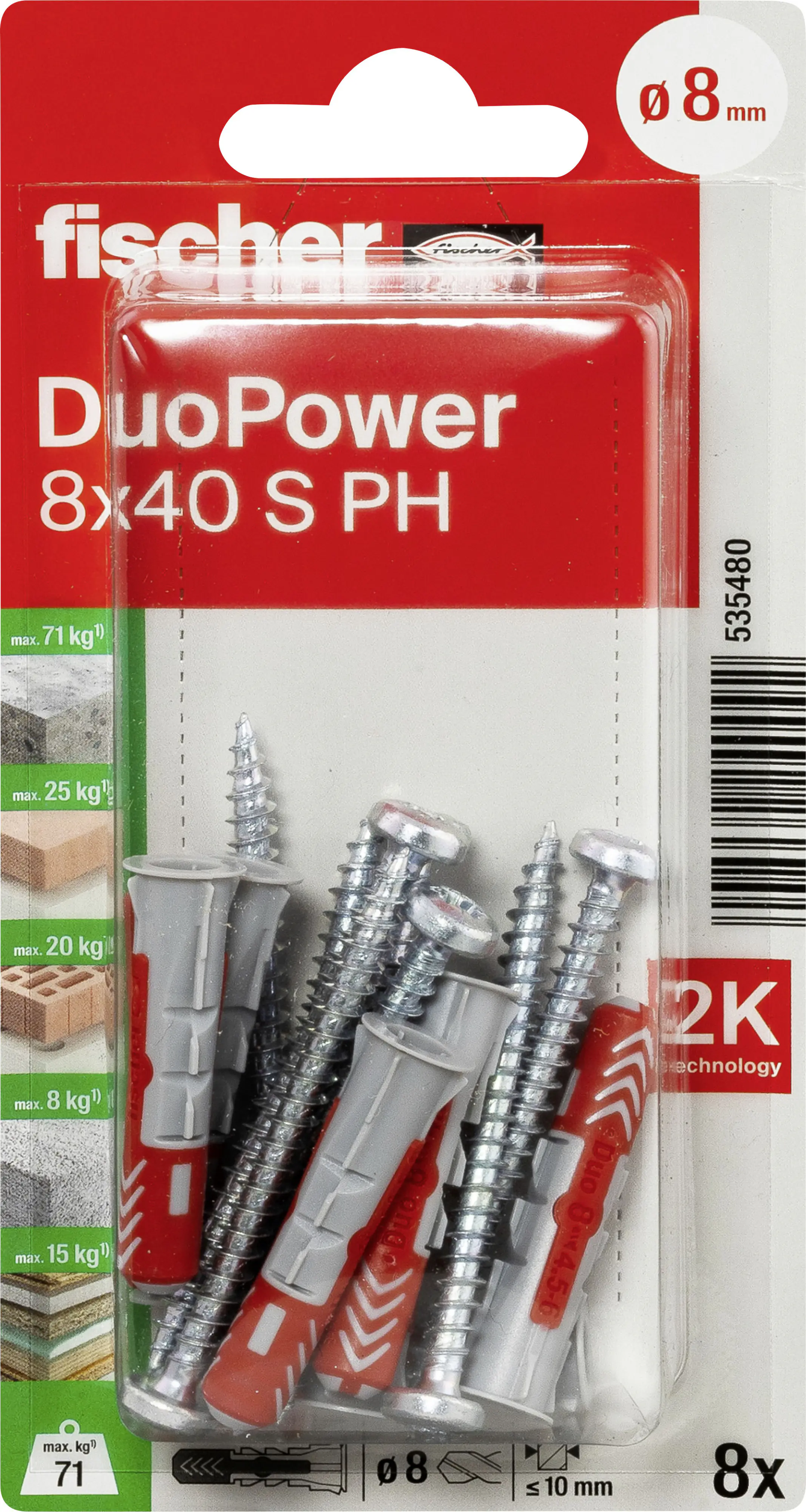 Fischer Dübel-Set DuoPower S PH 8 x 40 mm mit Schraube - 8 Stück