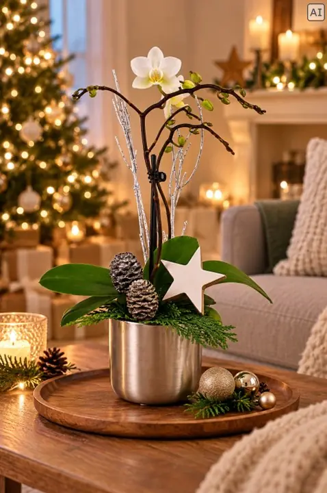 Weihnachtliches Arrangement Minitopf Orchidee bepflanzt