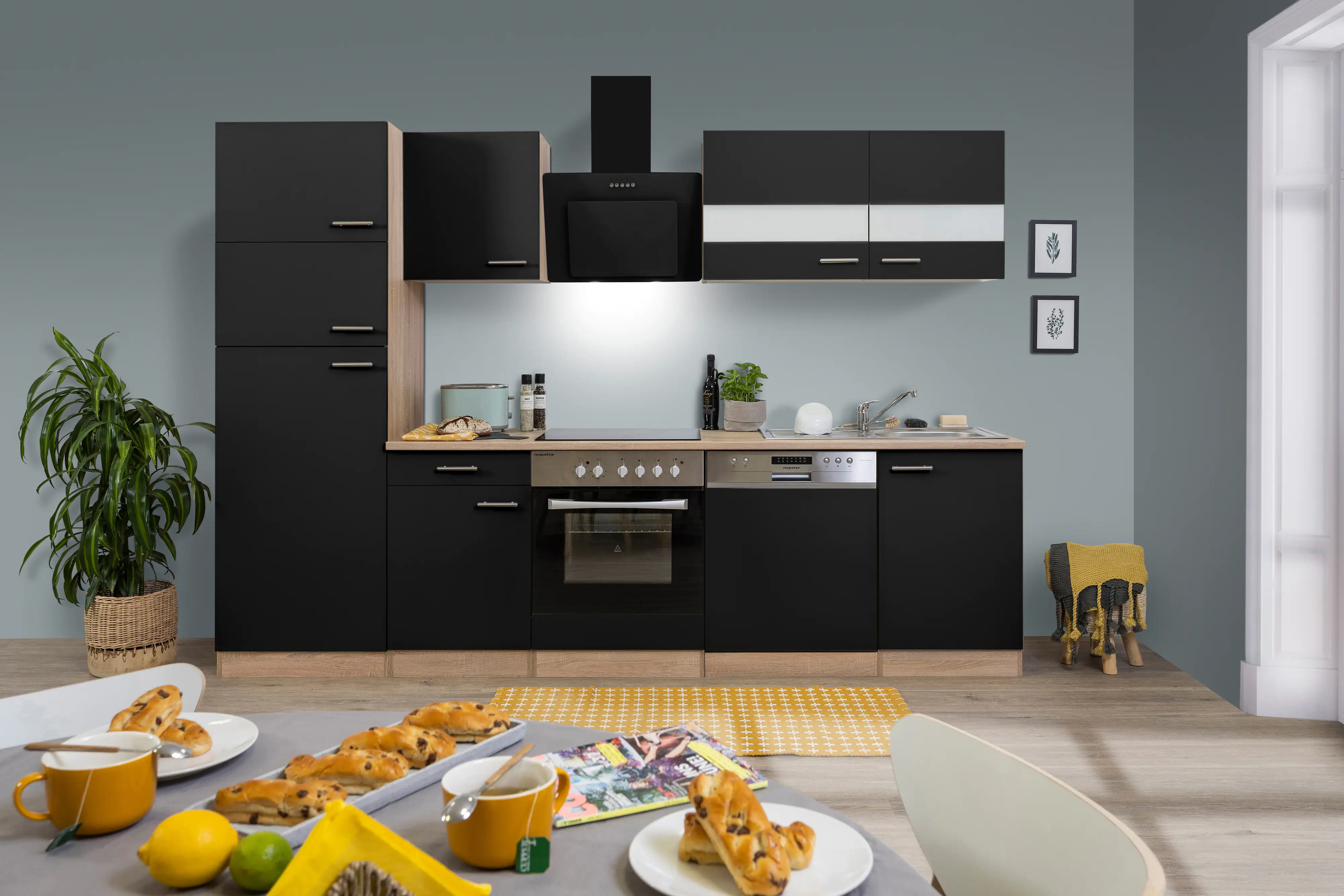 4260407699276 Respekta Economy Küchenblock 280 cm schwarz, Eiche Sonoma, KB280ESSCGKE