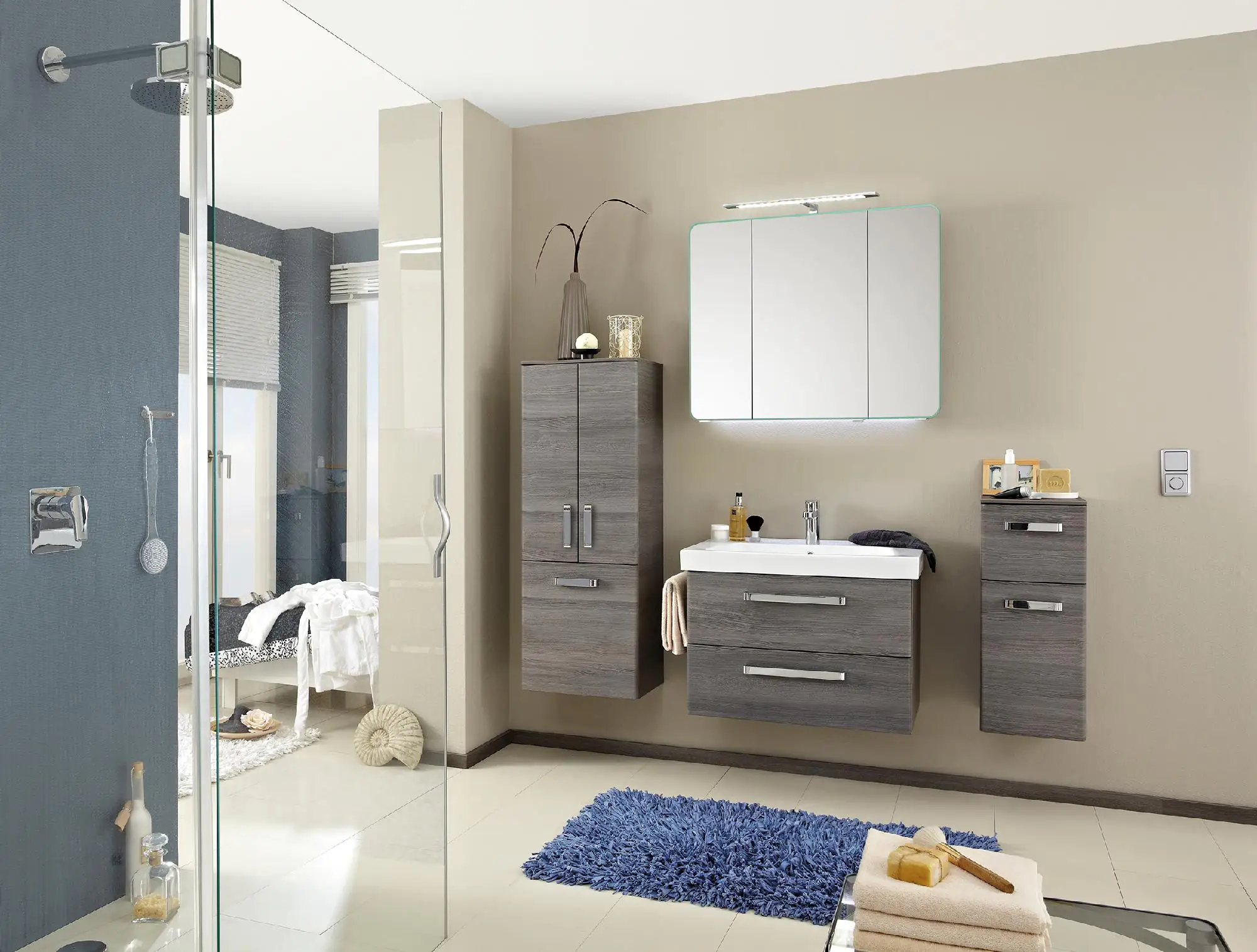 Pelipal Badmöbel-Set Pineo Sangallo mit Waschplatzbeleuchtung Unterschrank Midischrank 160 cm