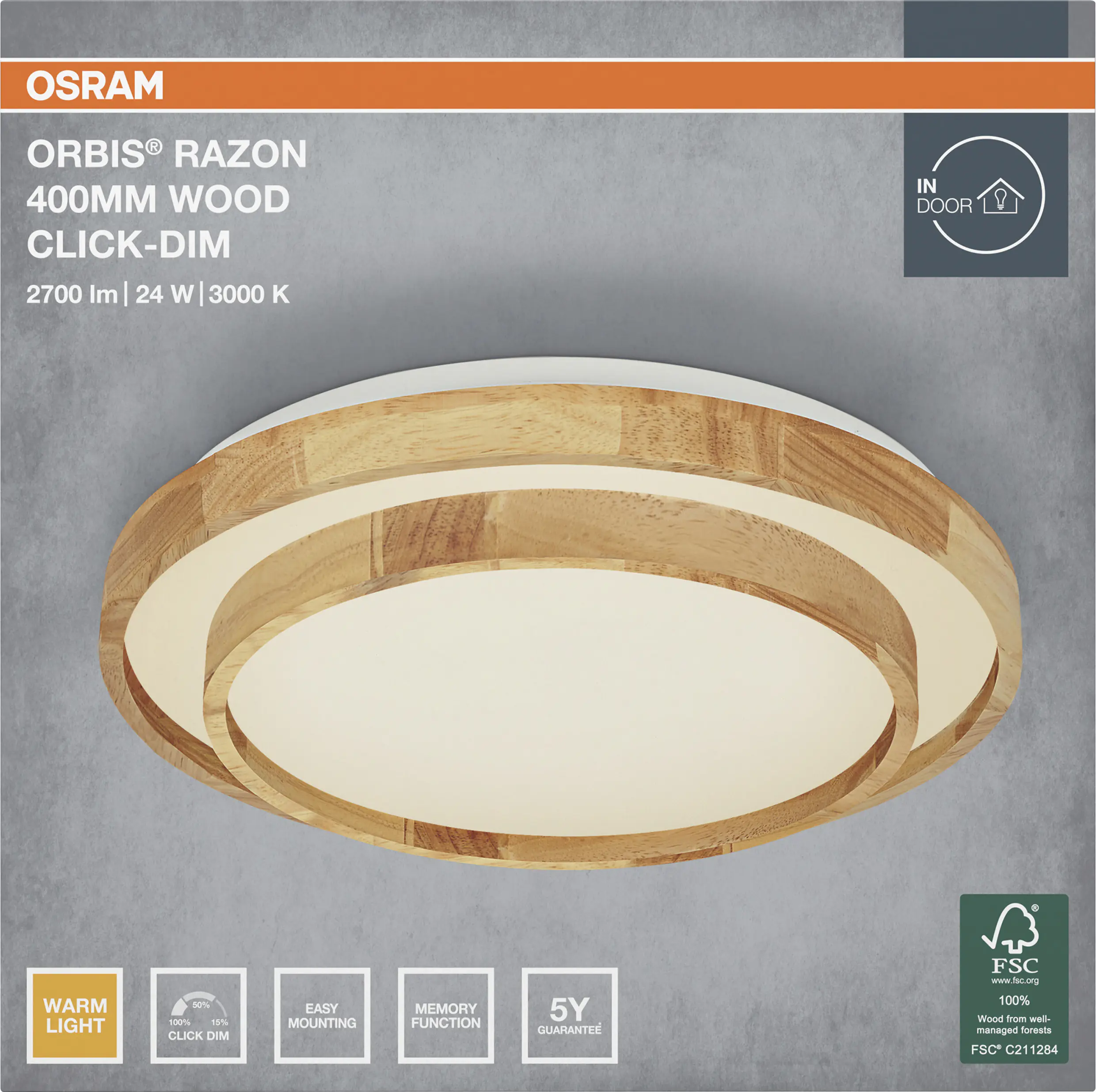 Osram LED-Deckenleuchte Orbis Razon Wood Ø40 cm 24W Holzdekor dimmbar