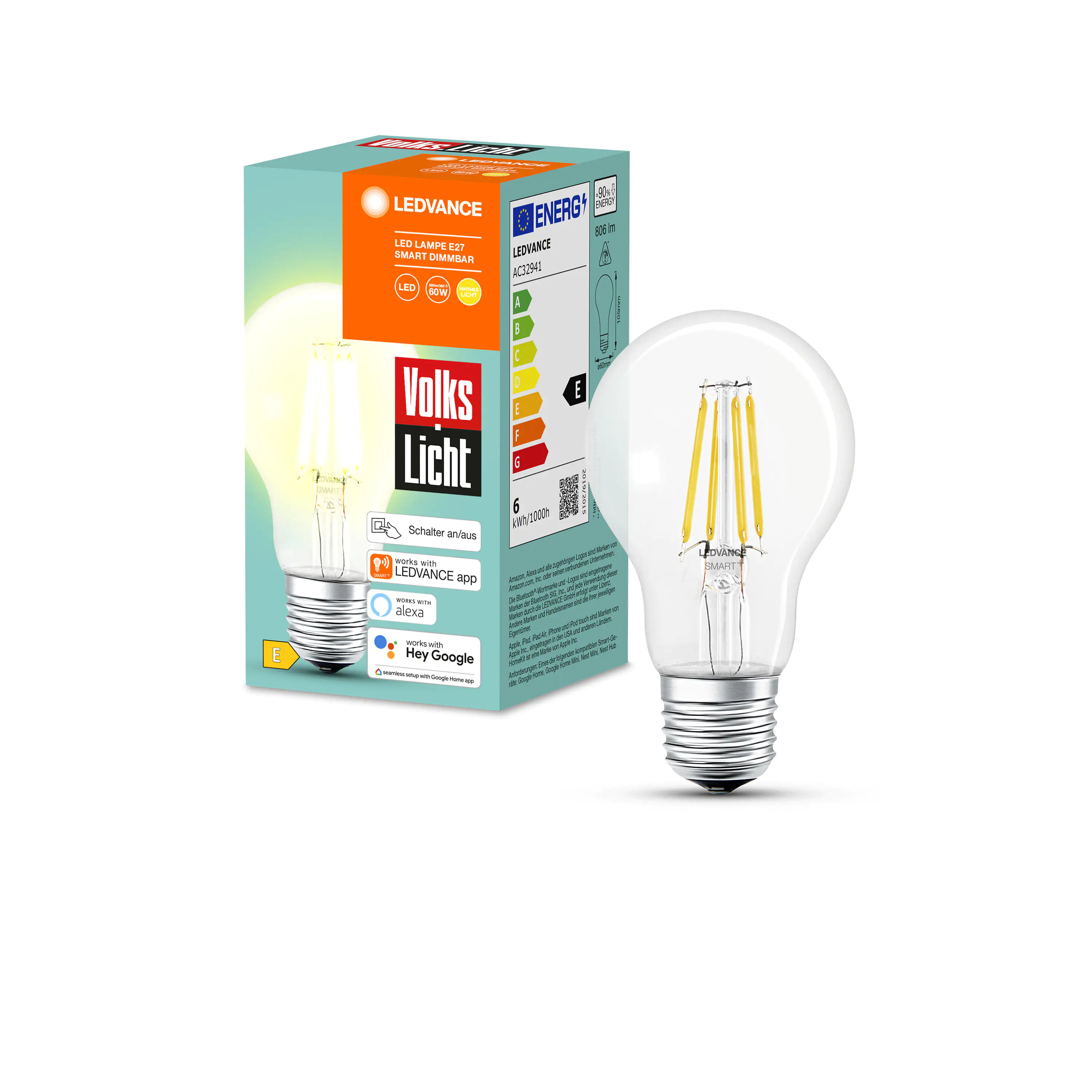 4058075617827_1 Ledvance Smart+ LED Leuchtmittel E27 Filament 6 W