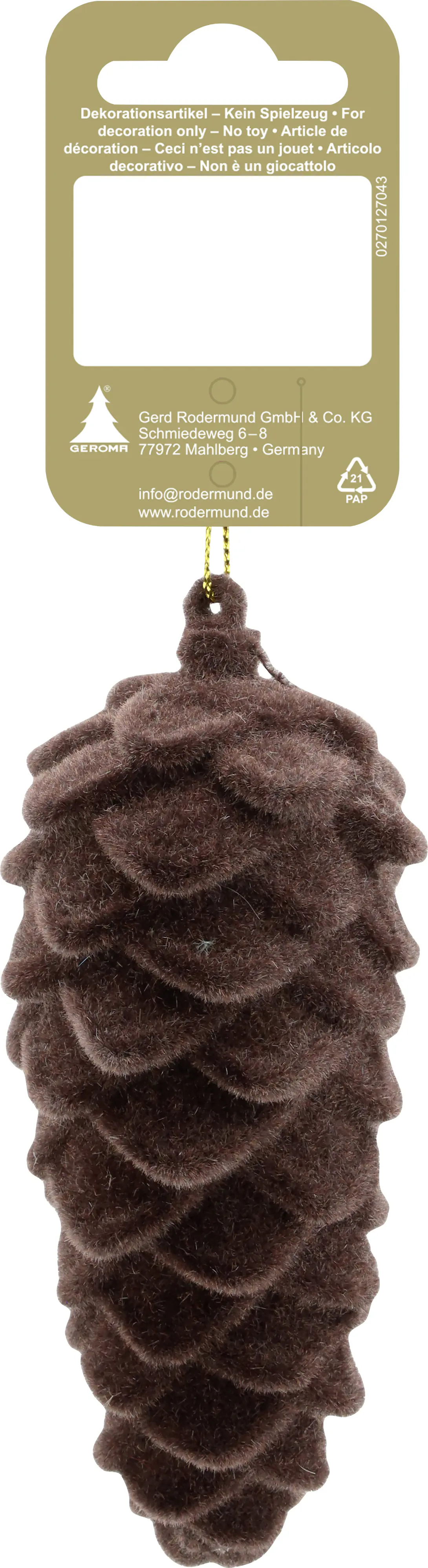 Weihnachtsanhänger Tannenzapfen aus Kunststoff beflockt 10 x 5 cm dunkelbraun