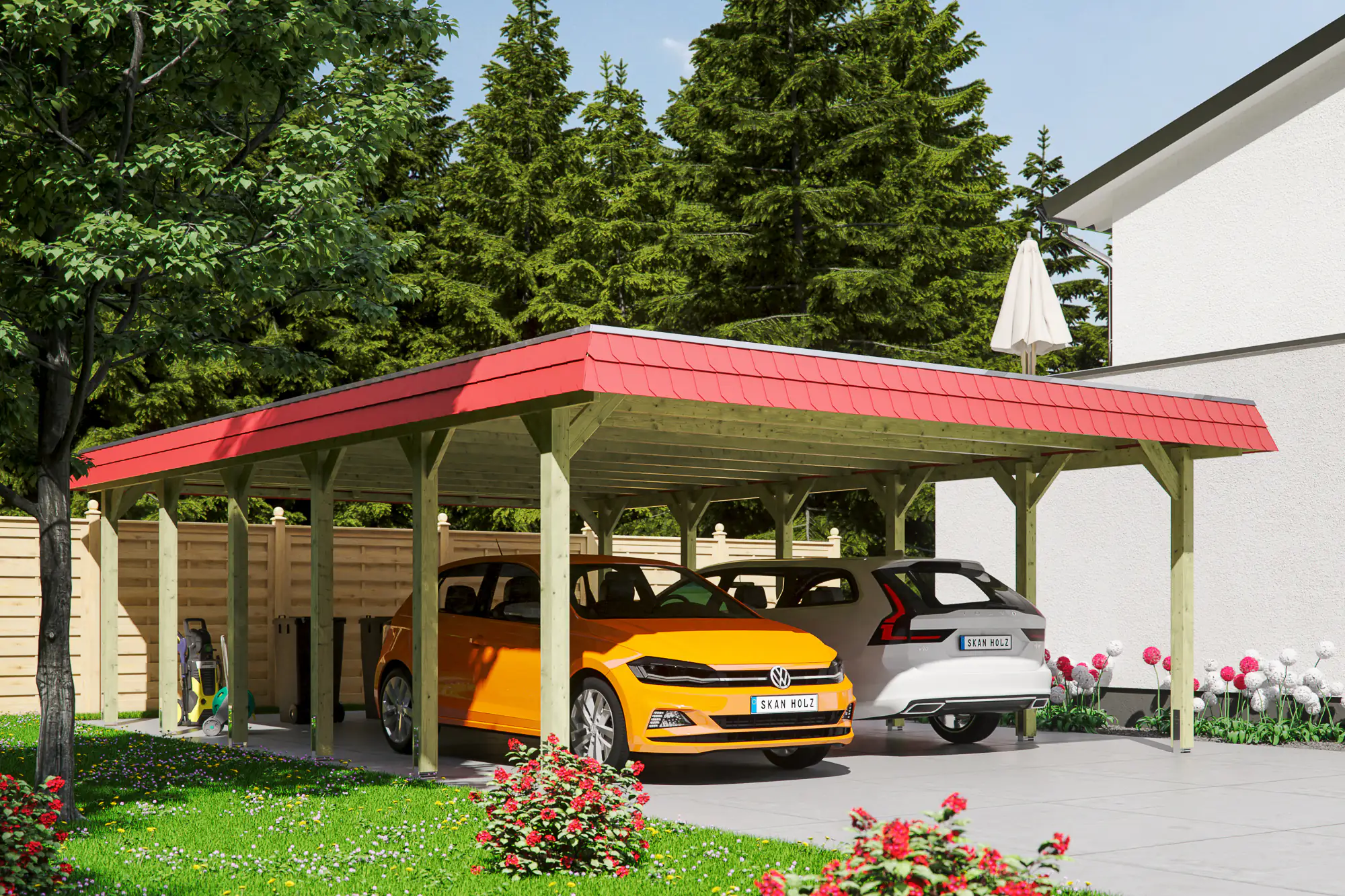 SKAN HOLZ Carport Spreewald 585 x 893 cm mit EPDM-Dach, rote Blende