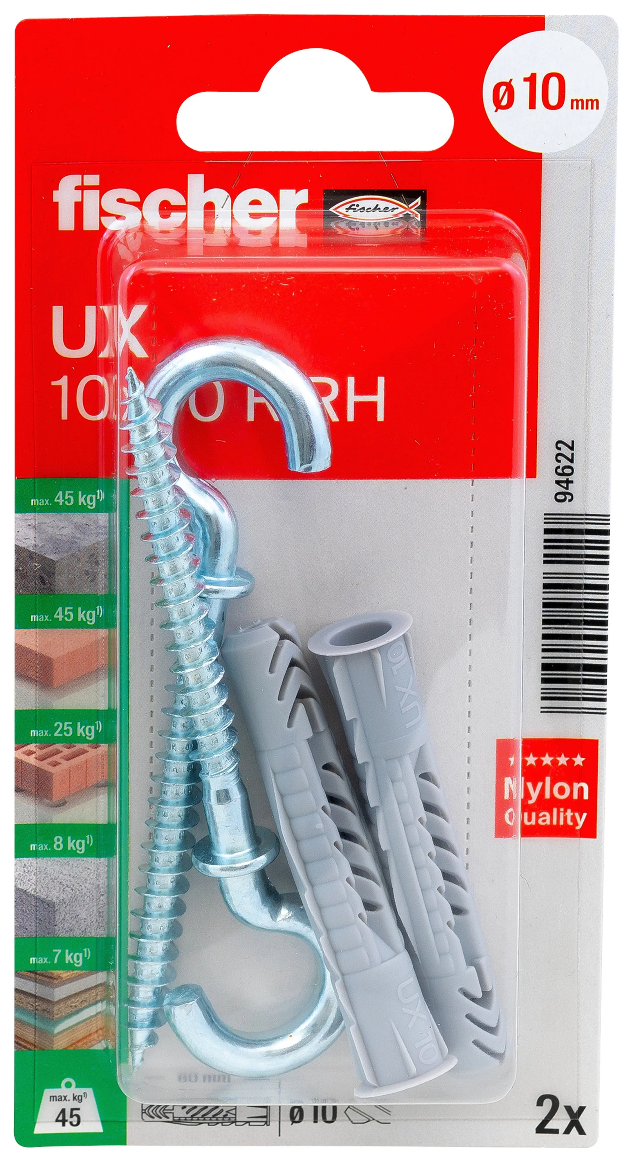 Fischer Universaldübel UX RH 10 x 60 mm mit Rundhaken - 2 Stück