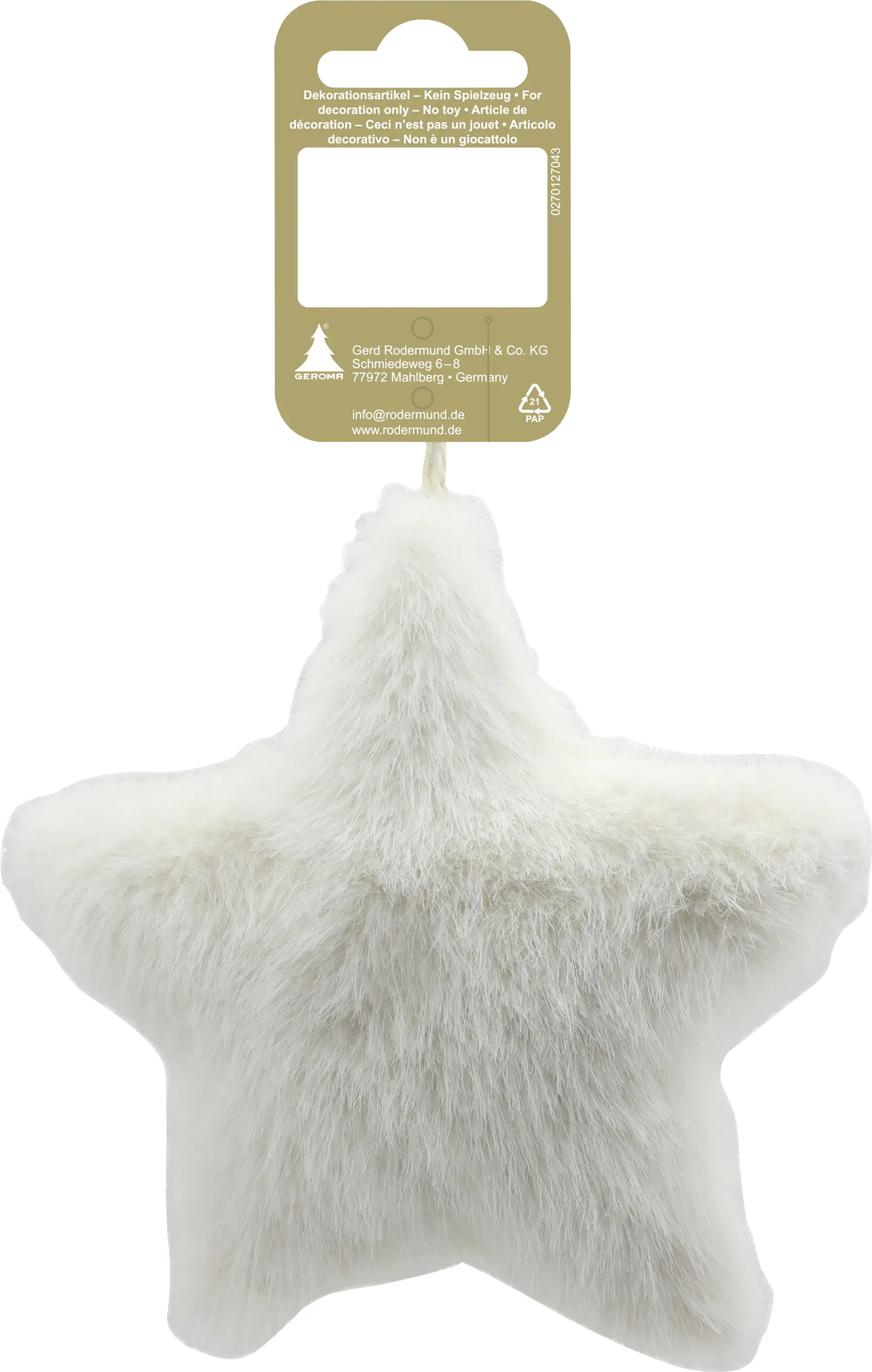 Weihnachtsanhänger Stern aus Plüsch 14 x 4 cm beige