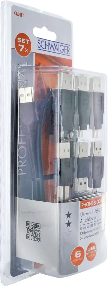Schwaiger USB 2.0 Anschlusskabel Set CAUSET 531 7-teilig schwarz, 1,5 m
