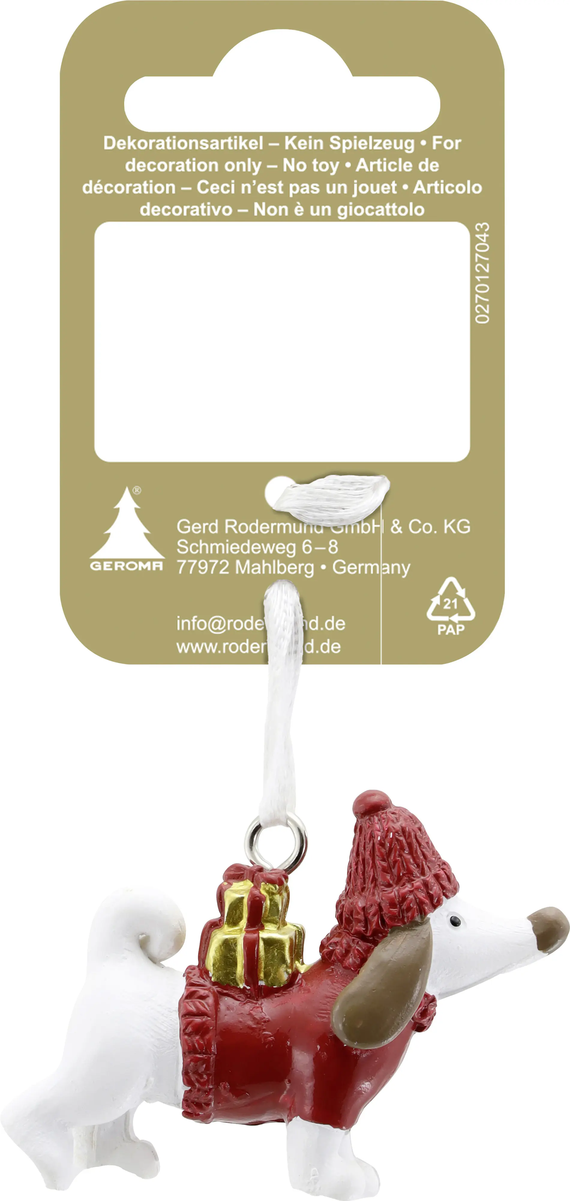 Weihnachtsanhänger Hund aus Polyresin 5,5 x 4 cm rot