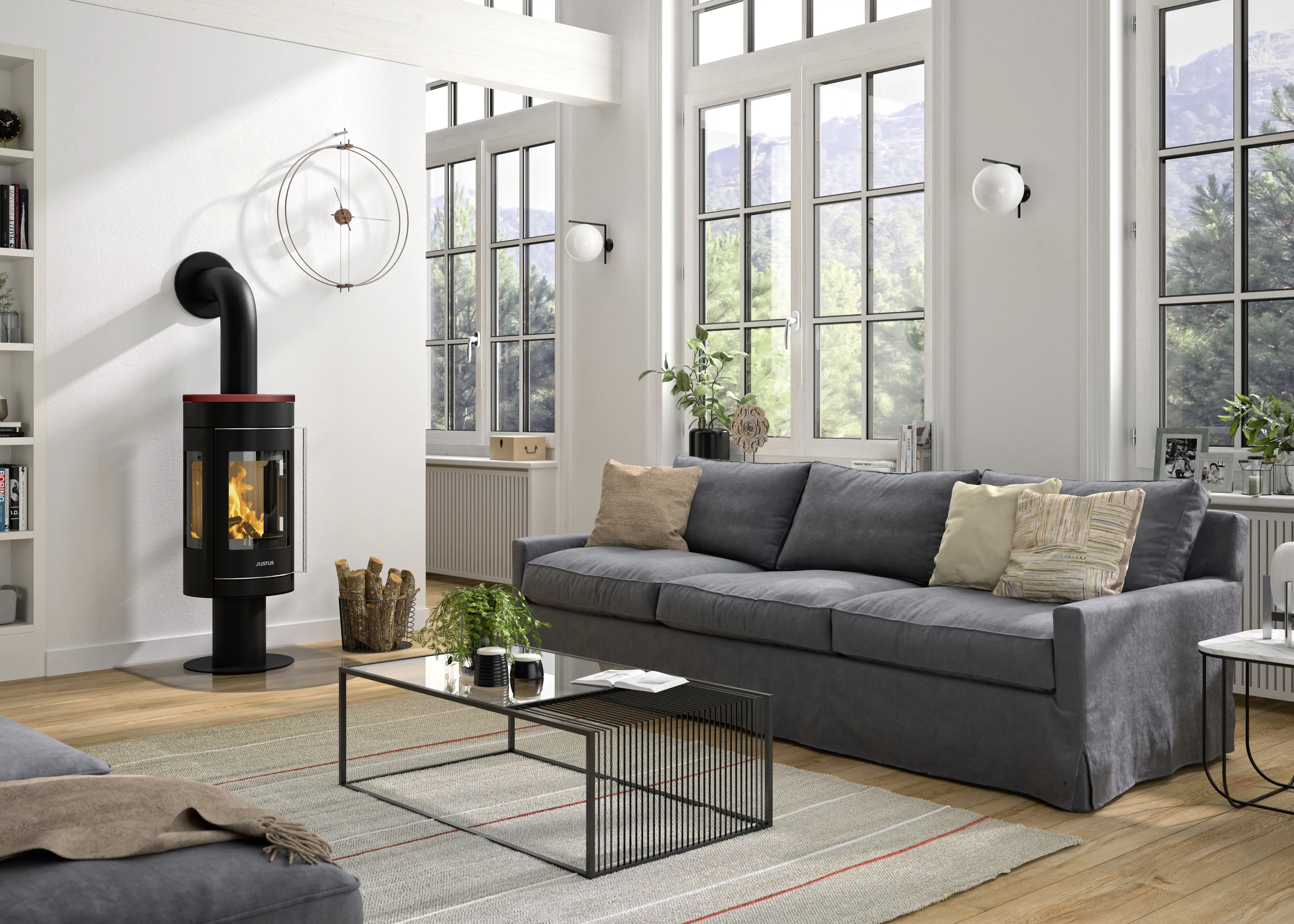 Justus Kaminofen Meva Stahl schwarz mit Abdeckplatte Keramik bordeauxrot 5,5 kW