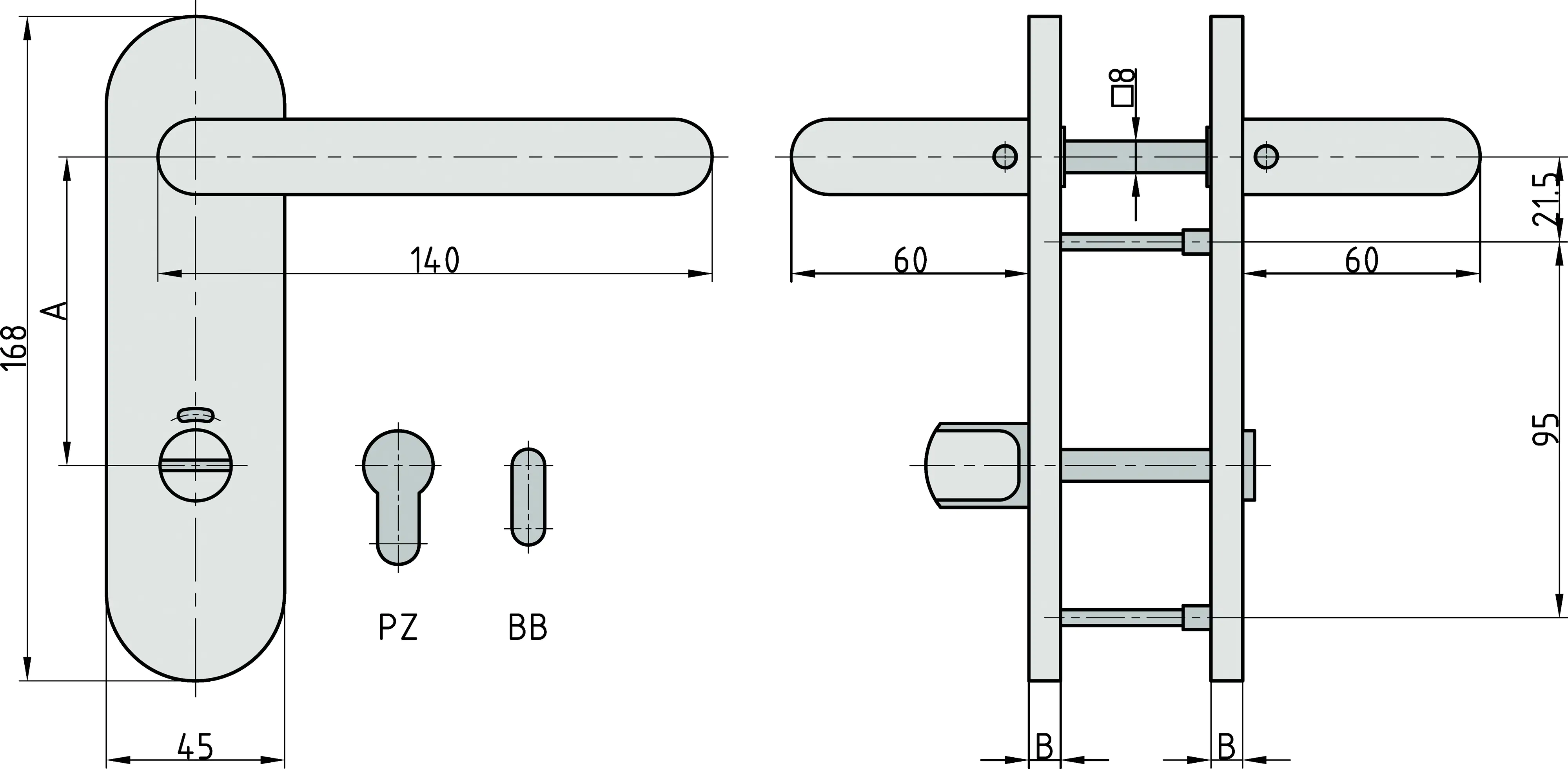Basi PZ-Kurzschildgarnitur ZB 3800 Edelstahl silber abgerundet