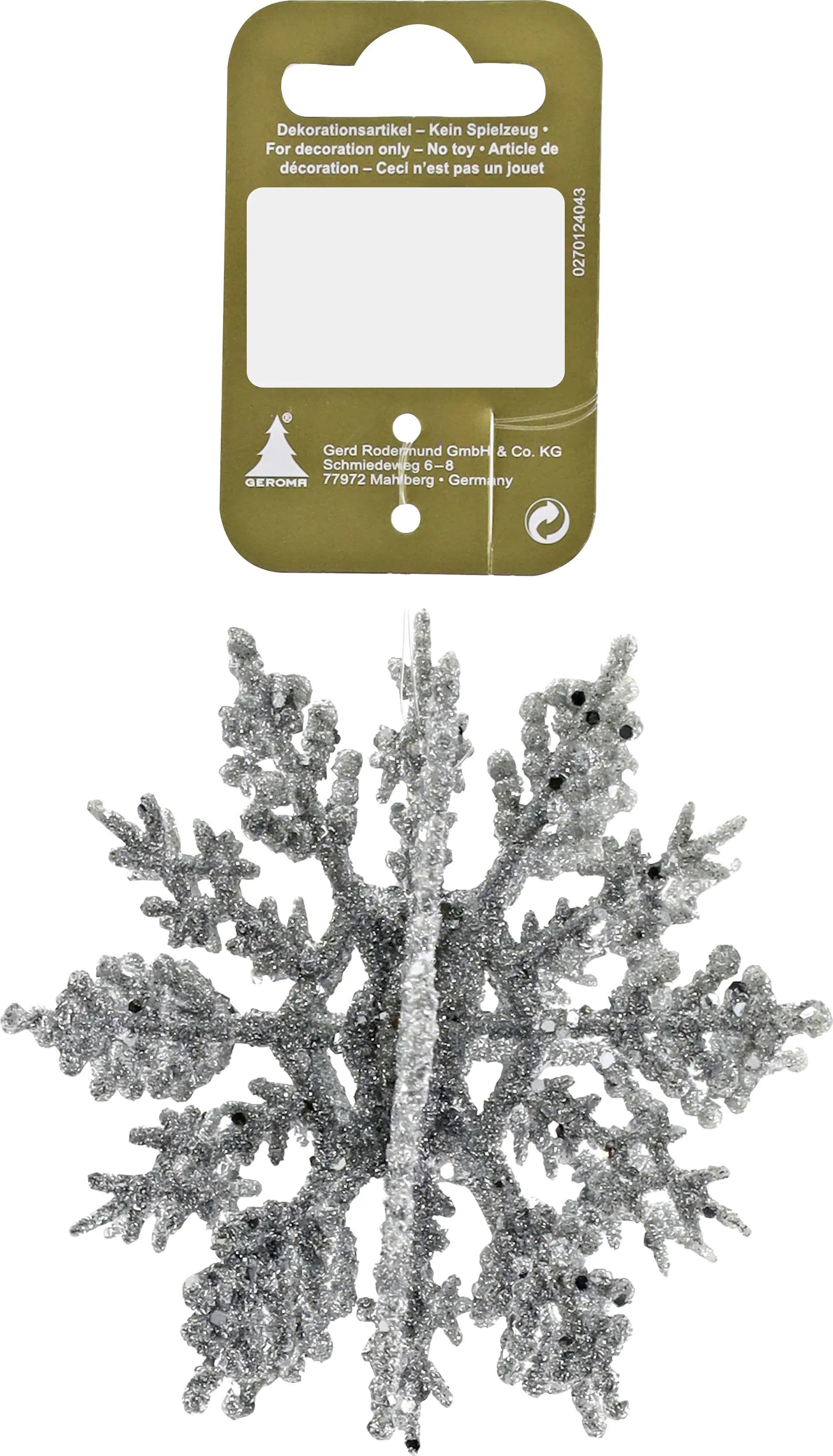 Weihnachtsanhänger 3D-Schneeflocke aus Kunststoff 10 cm silber mit Glitter