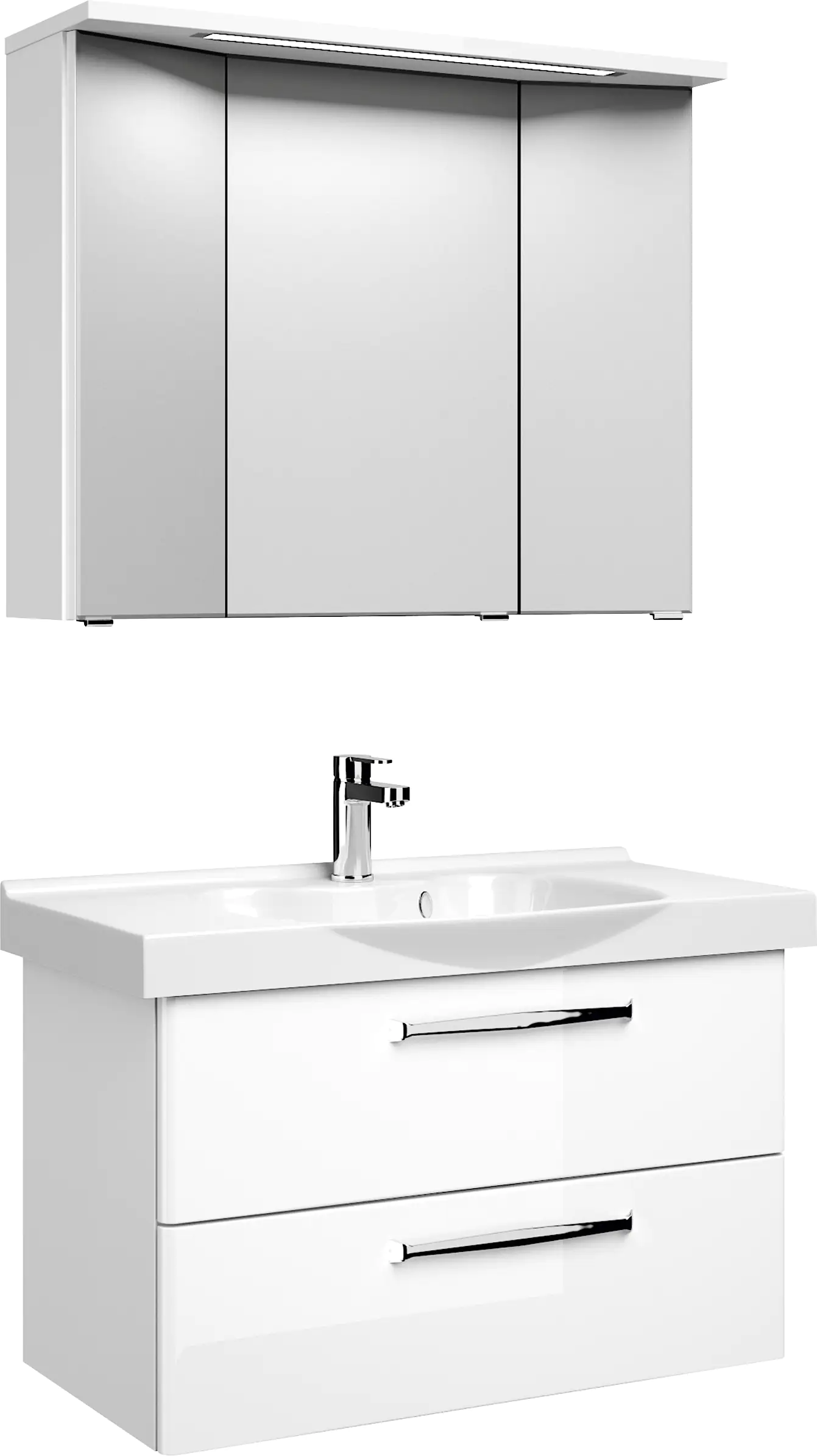 4017026107497 Pelipal Badmöbel-Set Trentino Weiß Hgl/Weiß Glanz mit Keramik-Waschtisch + 3D-Spiegelschrank 92 cm