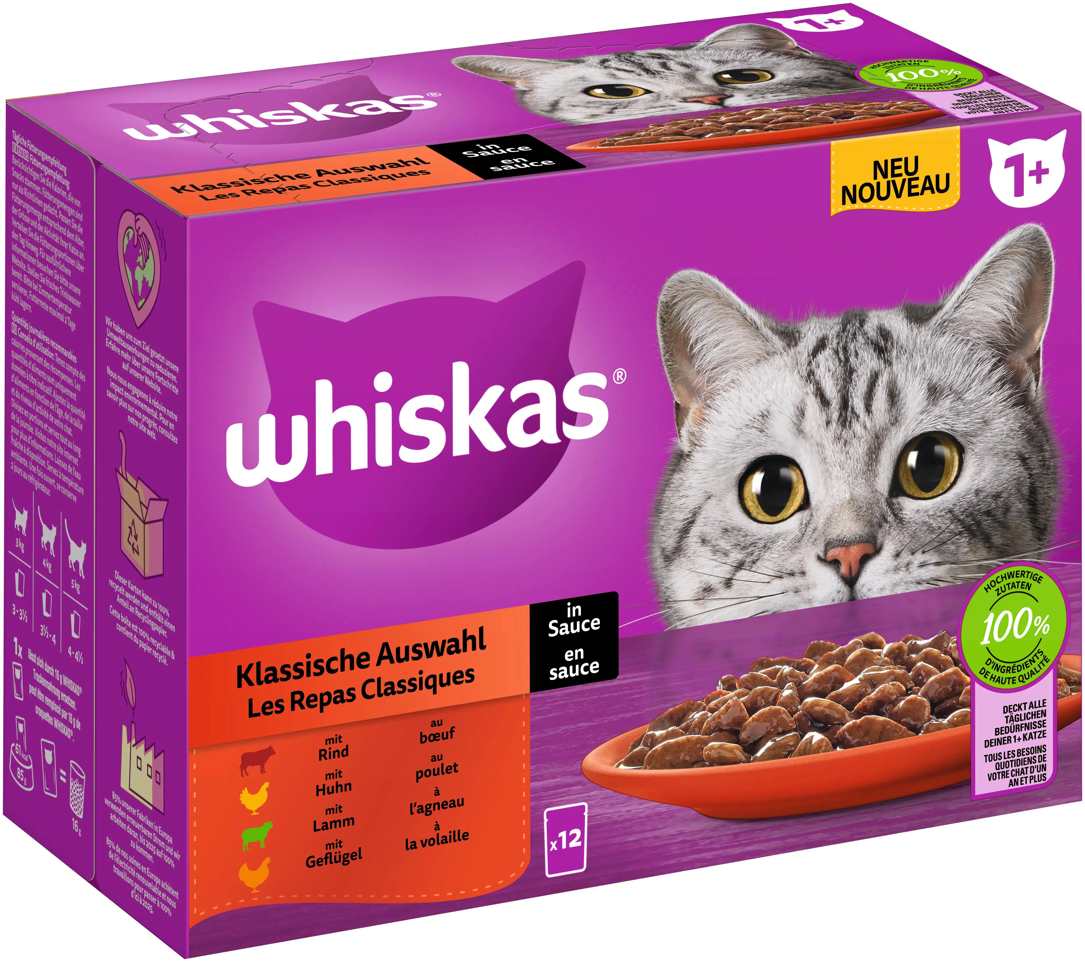 Whiskas Multipack klassische Auswahl in Sauce Katzenfutter 12 x 85 g ...