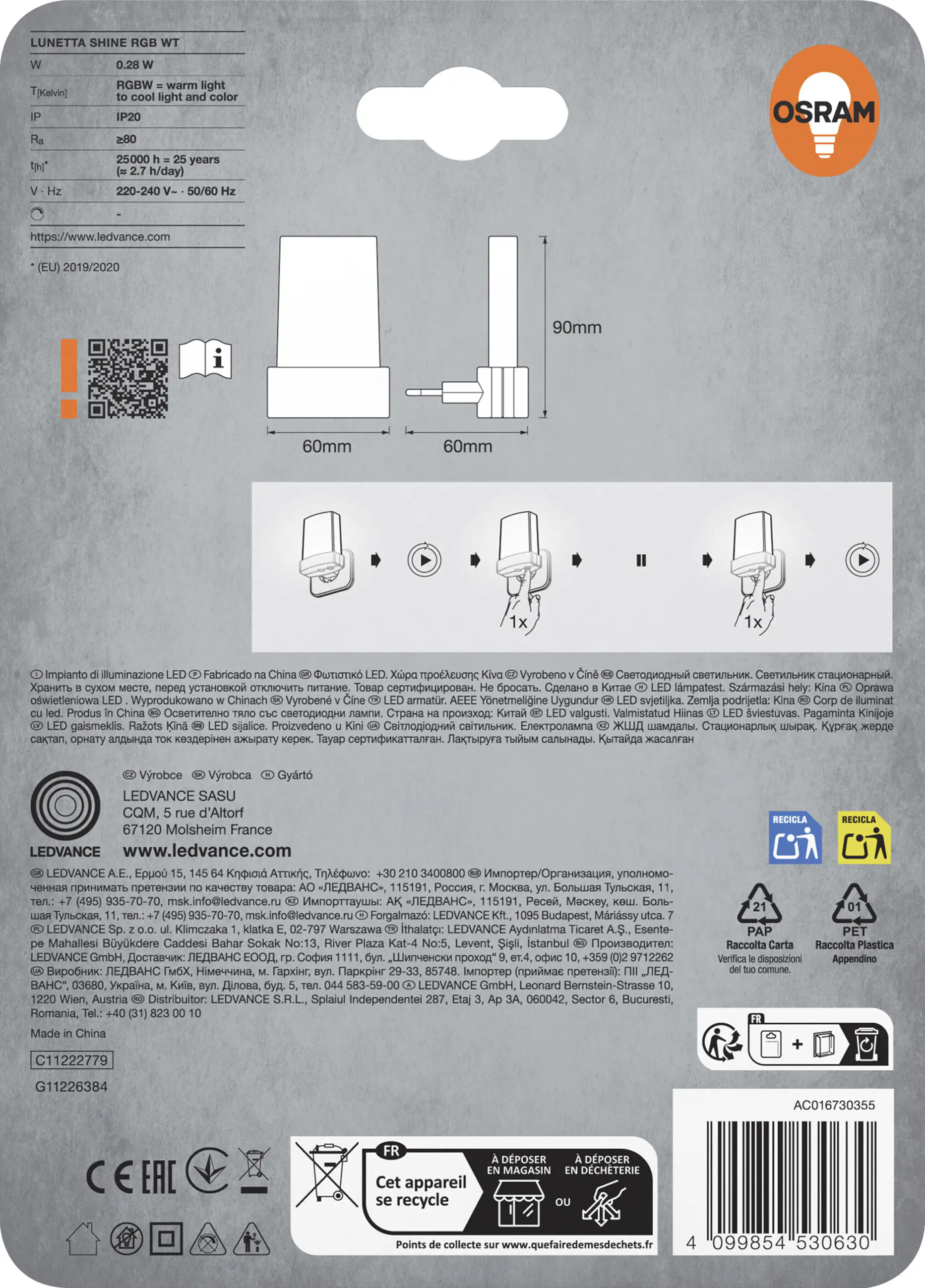 Osram LED-Nachtlicht Lunetta Shine mit Tag-/Nacht Sensor 9 cm warmweiß-kaltweiß weiß 