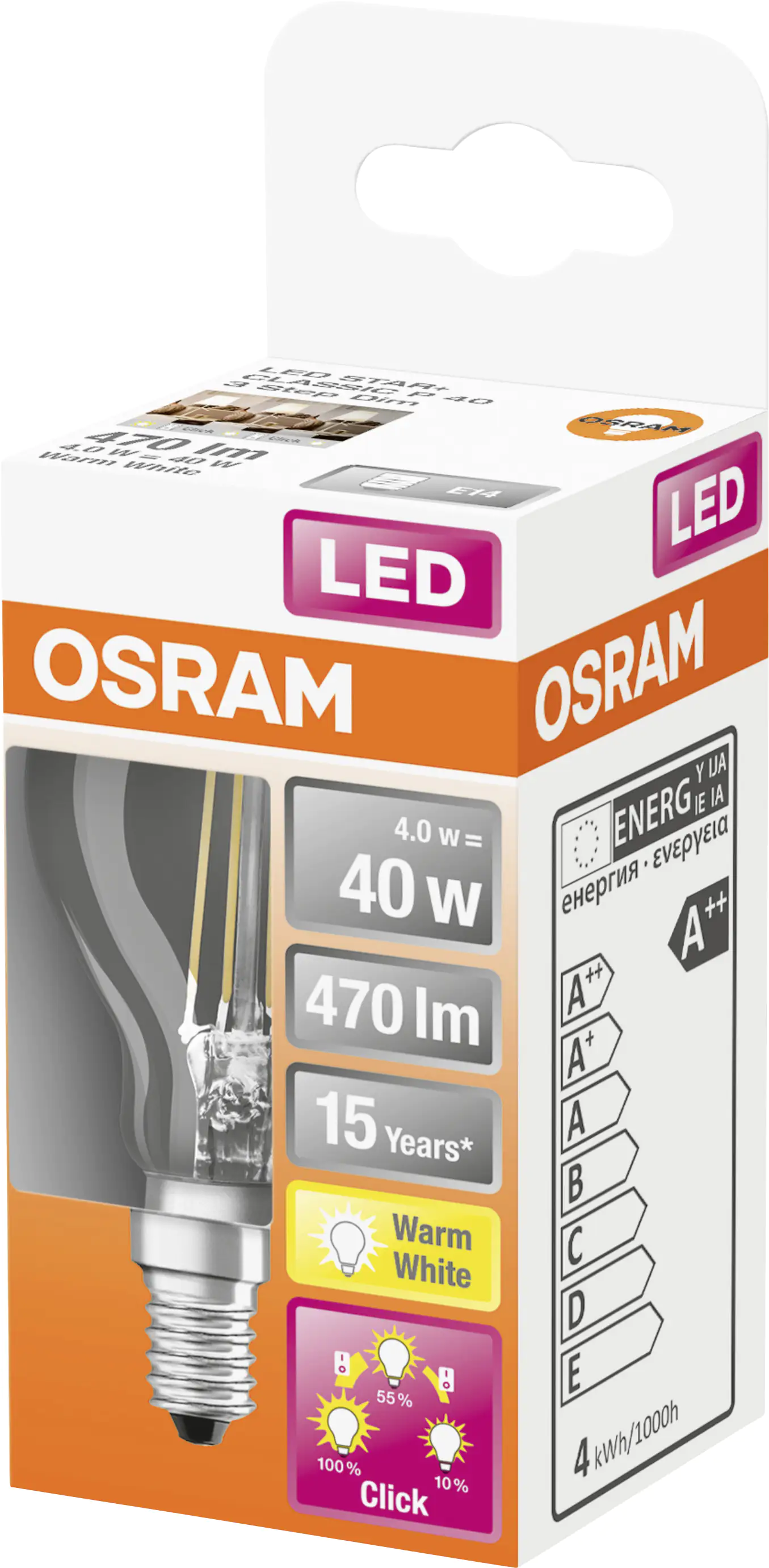 Osram LED Leuchtmittel Three Step Classic P E14 4W warmweiß, dimmbar, klar