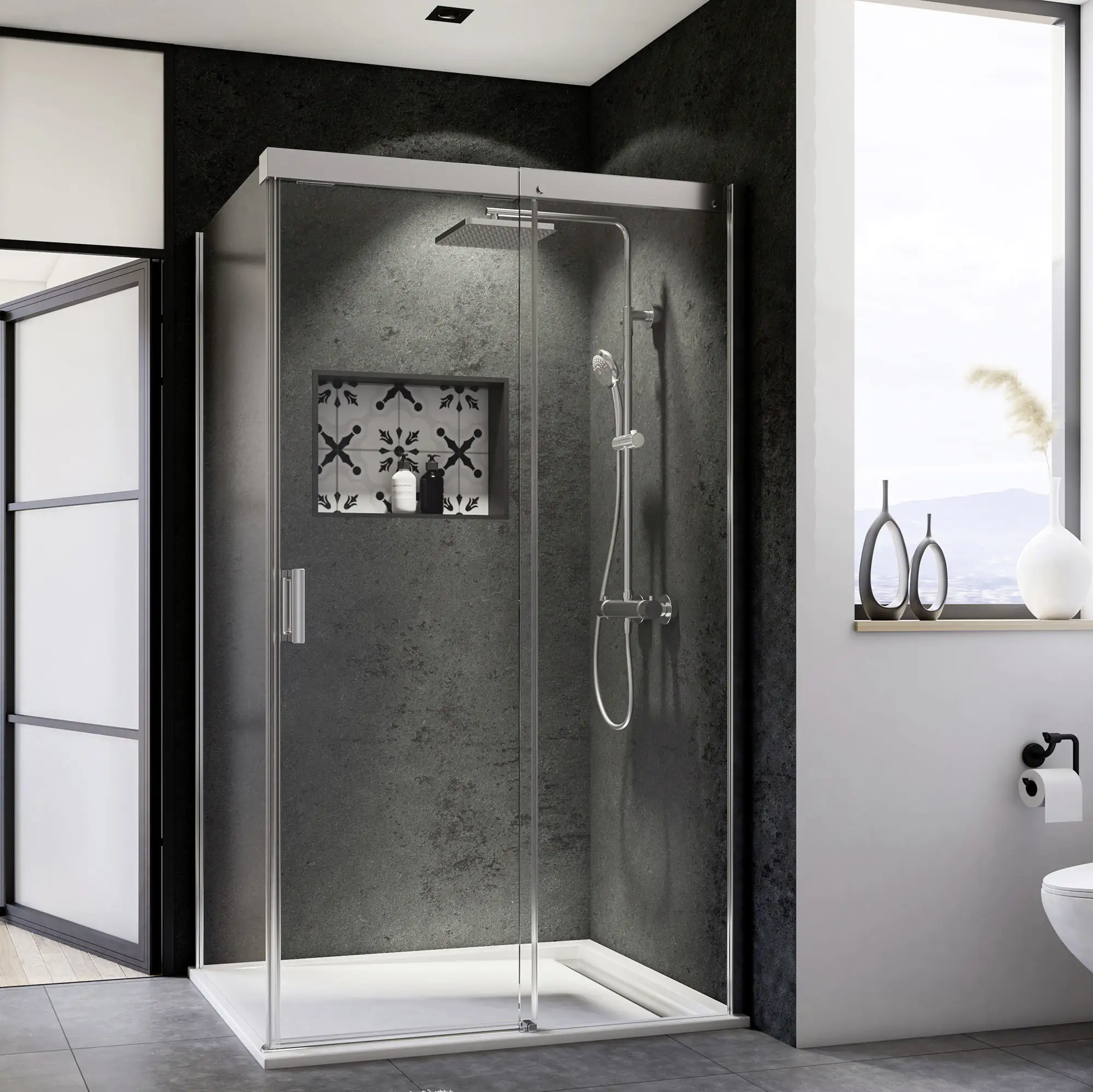 Breuer Schiebetür für Seitenwand Panorama 180 x 200 cm, Alu Chromeffekt, Klarglas/Spiegelglas