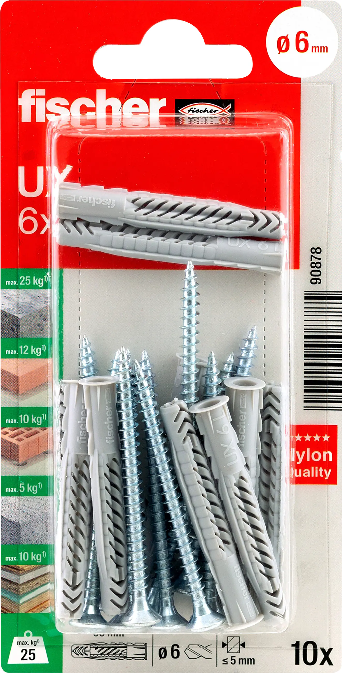 Fischer Universaldübel UX 6 x 50 mm mit Rand & Schraube - 10 Stück